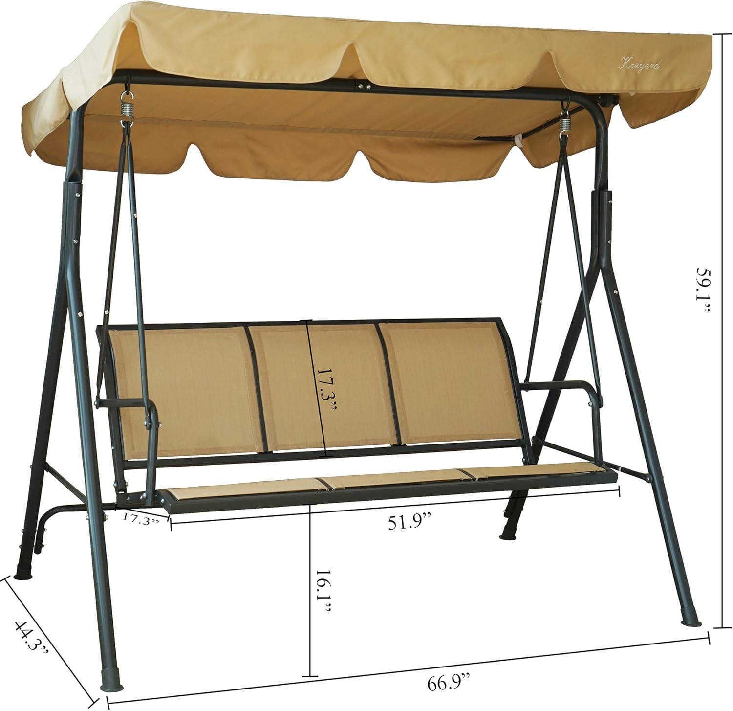 Kozyard 3-Person Outdoor Canopy Porch Swing Chair, Breathable Textilene Armrest Seat, Adjustable Shade, Heavy-Duty Powder-Coated Steel Frame Swing for Patio, Backyard, Poolside & Balcony, Beige
