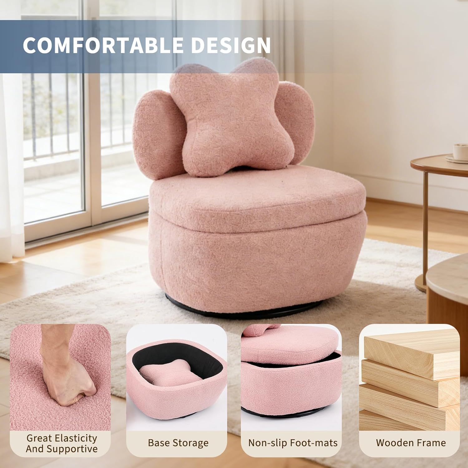 Teddy Velvet Swivel Accent Chair with Storage, 360° Rotating Ergonomic Armchair, Scratch-Resistant Upholstered Sofa Chair for Living Room, Bedroom, Nursery, Apartment or Small Spaces, 300 lbs Capacity