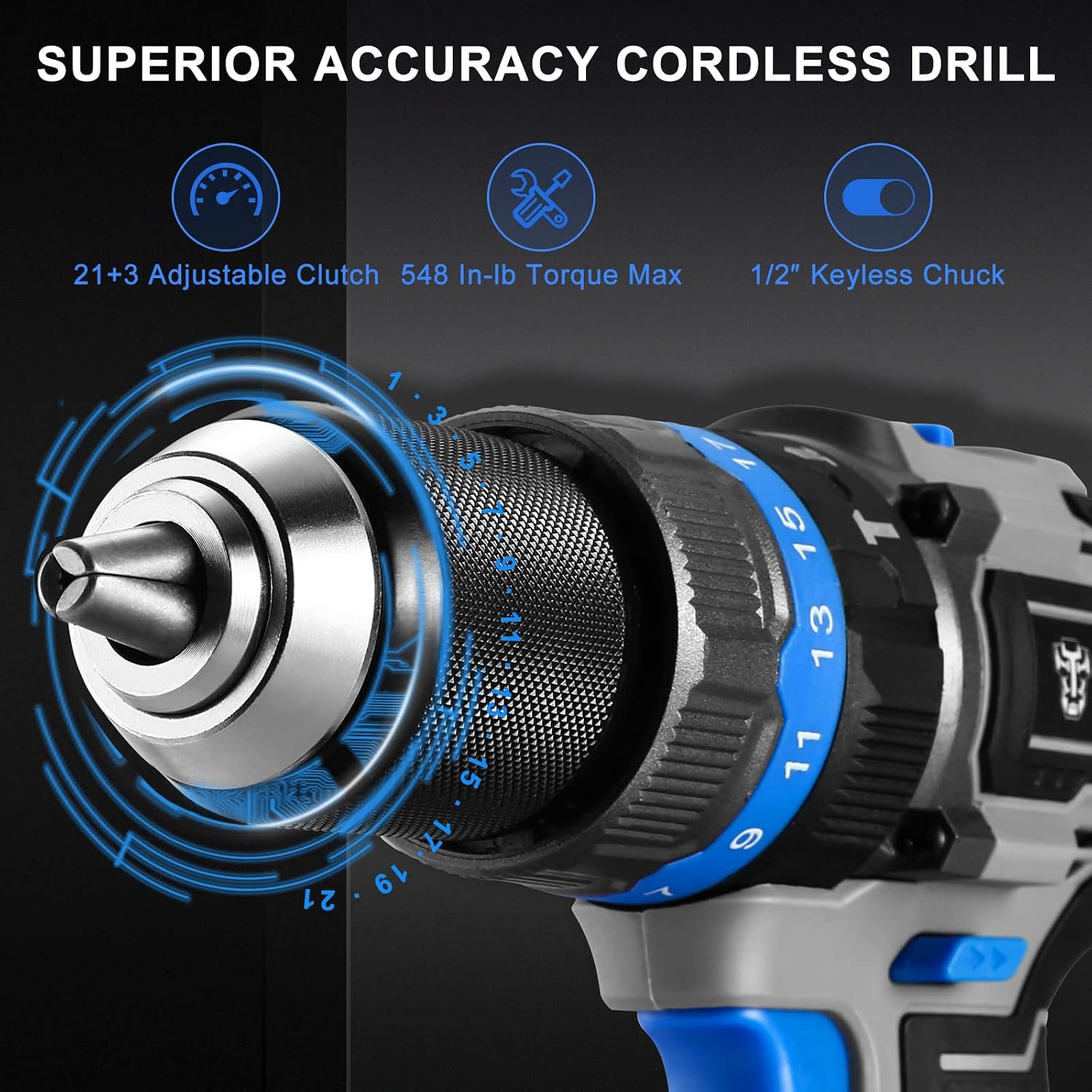 DEKOPRO Cordless Drill Set, 20V MAX Brushless Drill Driver Kit, 2x 2.0Ah Li-ion Batteries, 550 In-lbs Torque with Impact Hammer Function, 0-450/2000 RPM, 1 hour Fast Charger, Accessories with BMC BOX