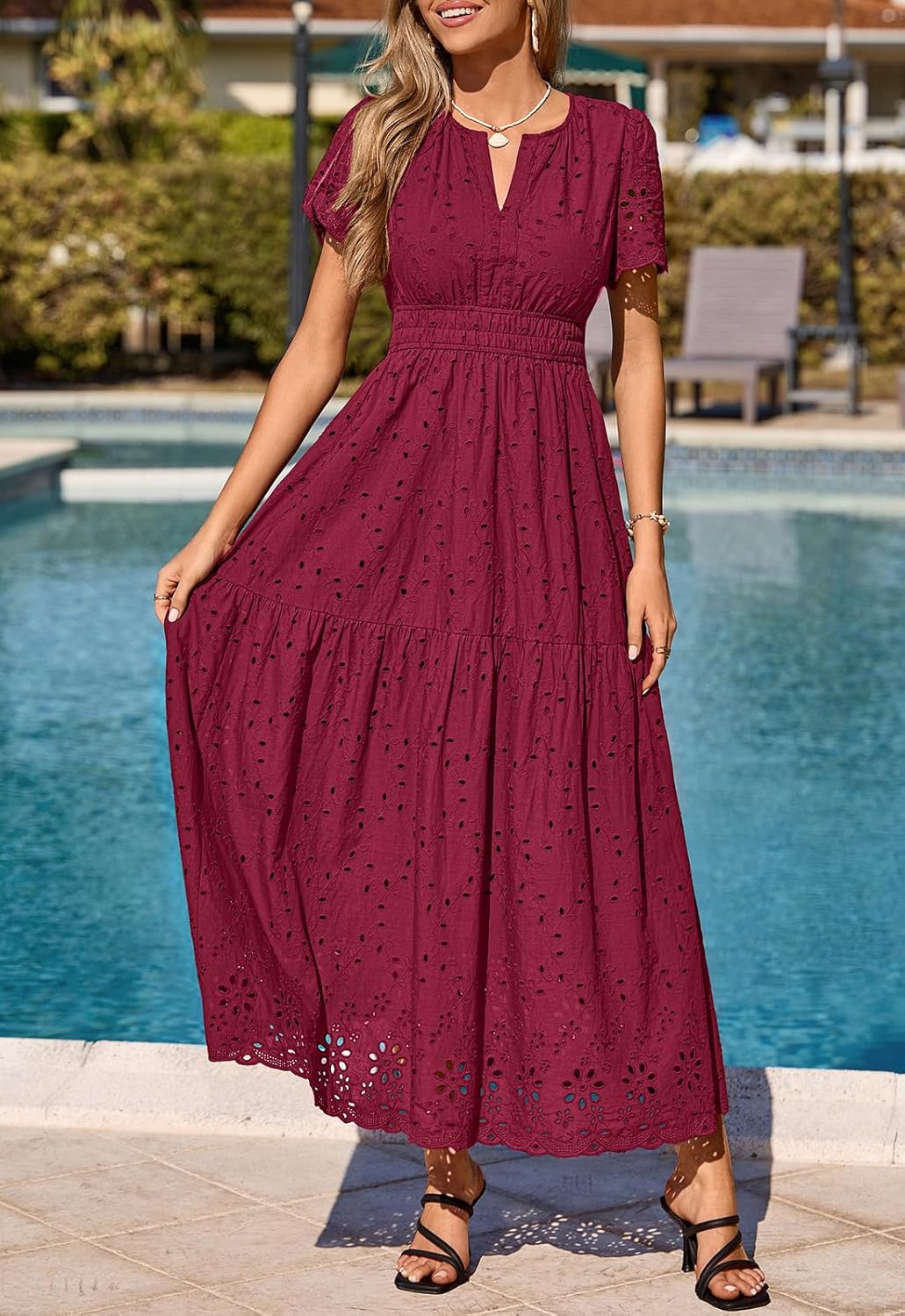 PRETTYGARDEN Womens Spring Maxi Dress Short Sleeve V Neck Cotton Hollow Out A Line Beach Vacation Long Dresses with Pockets - Image 2