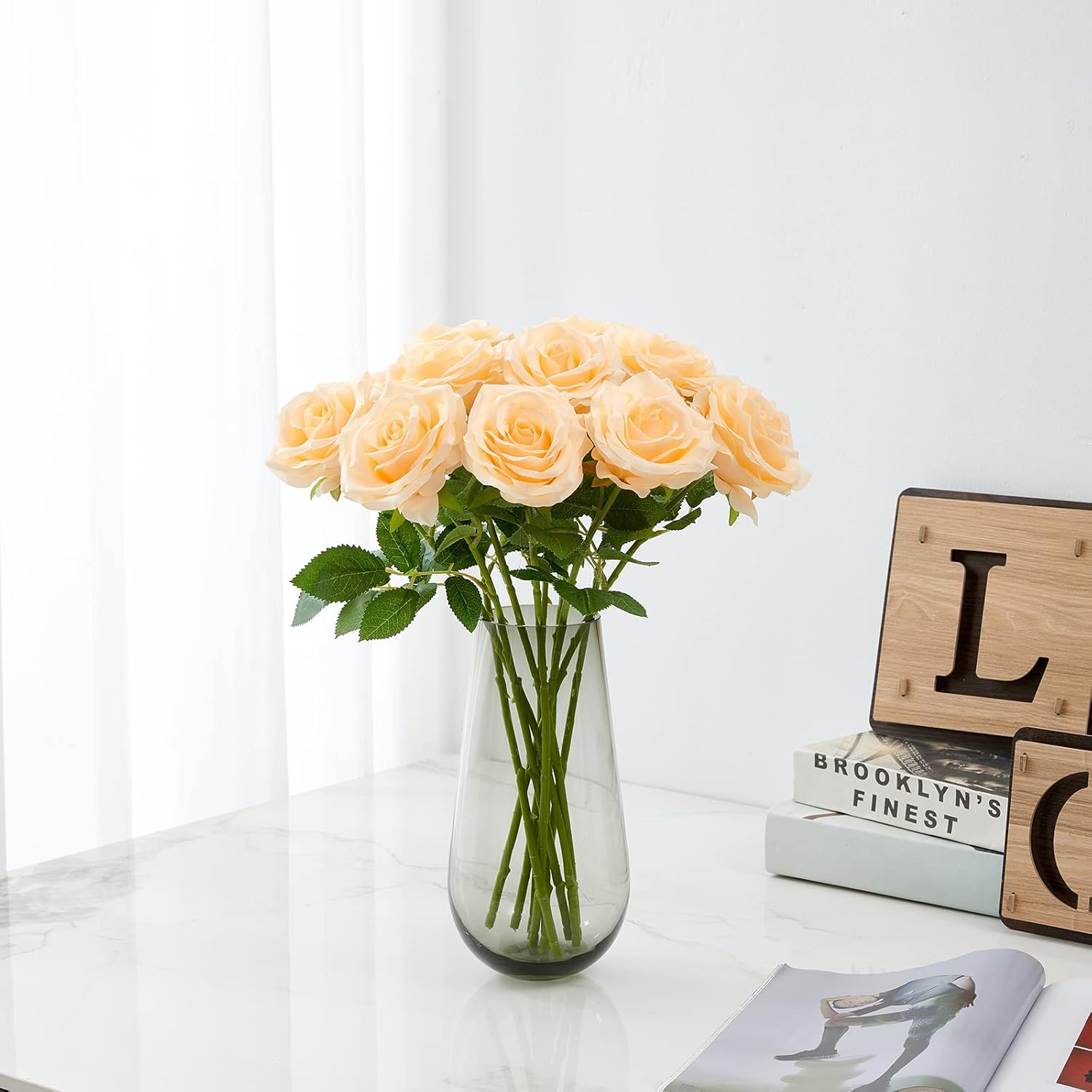 Artificial Rose 10pcs Open Flower Bouquet Faux Rose Stems for Wedding Arrangement, Bridal Bouquet, Centerpiece, Fake Faux Silk Flowers (Champagne) - Image 2