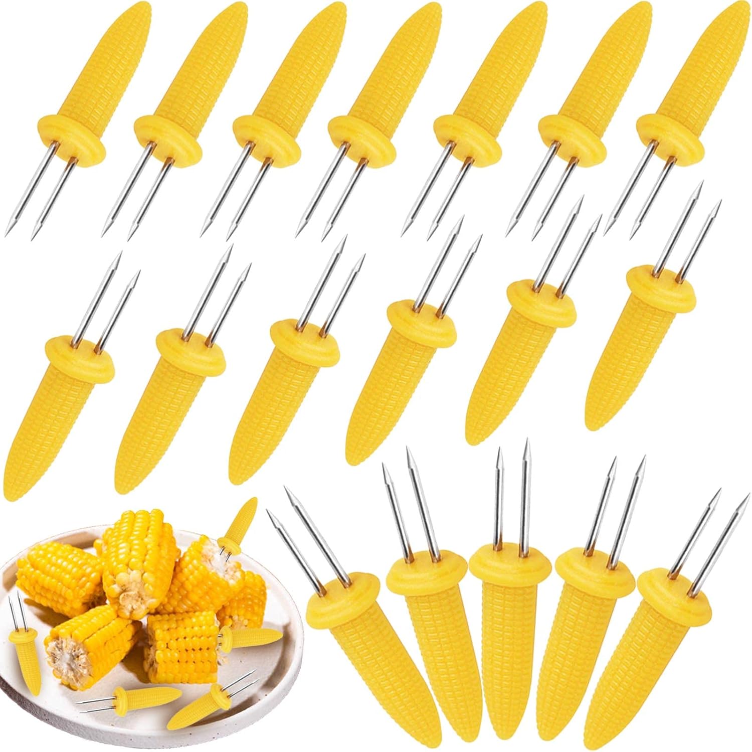 Easytle 20 Pieces Stainless Steel Corn Holders Corn on The Cob Skewers for BBQ Twin Prong Sweetcorn Holders Home Cooking Fork