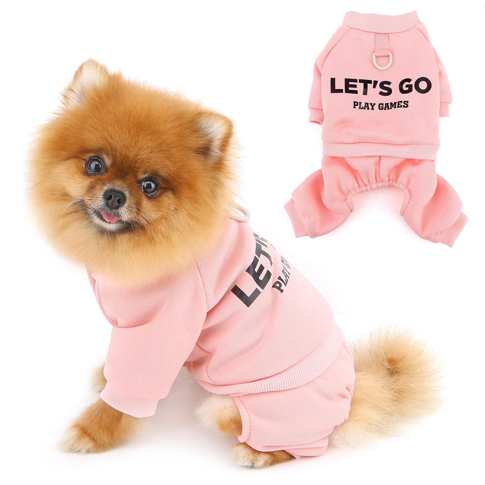 PAIDEFUL Cosy Fleece Dog Jumper with Lead Ring, Warm Four-Leg Pet Tracksuit, Graphic One-Piece Puppy Pyjamas for Small Dogs Cats Chihuahua Yorkie Puppy,Pink,M