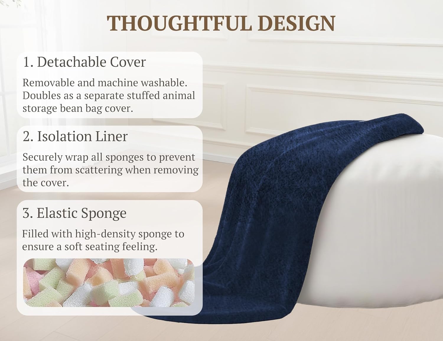 WSOFRLAC 4FT Bean Bag Chair, Soft Bean Bags Chairs for Adults, Giant Memory Foam Filled Beanbag with Washable Cover, Plush Lazy Sofa with Pocket Handle Zipper for Living Room Bedroom Dorm, Navy Blue