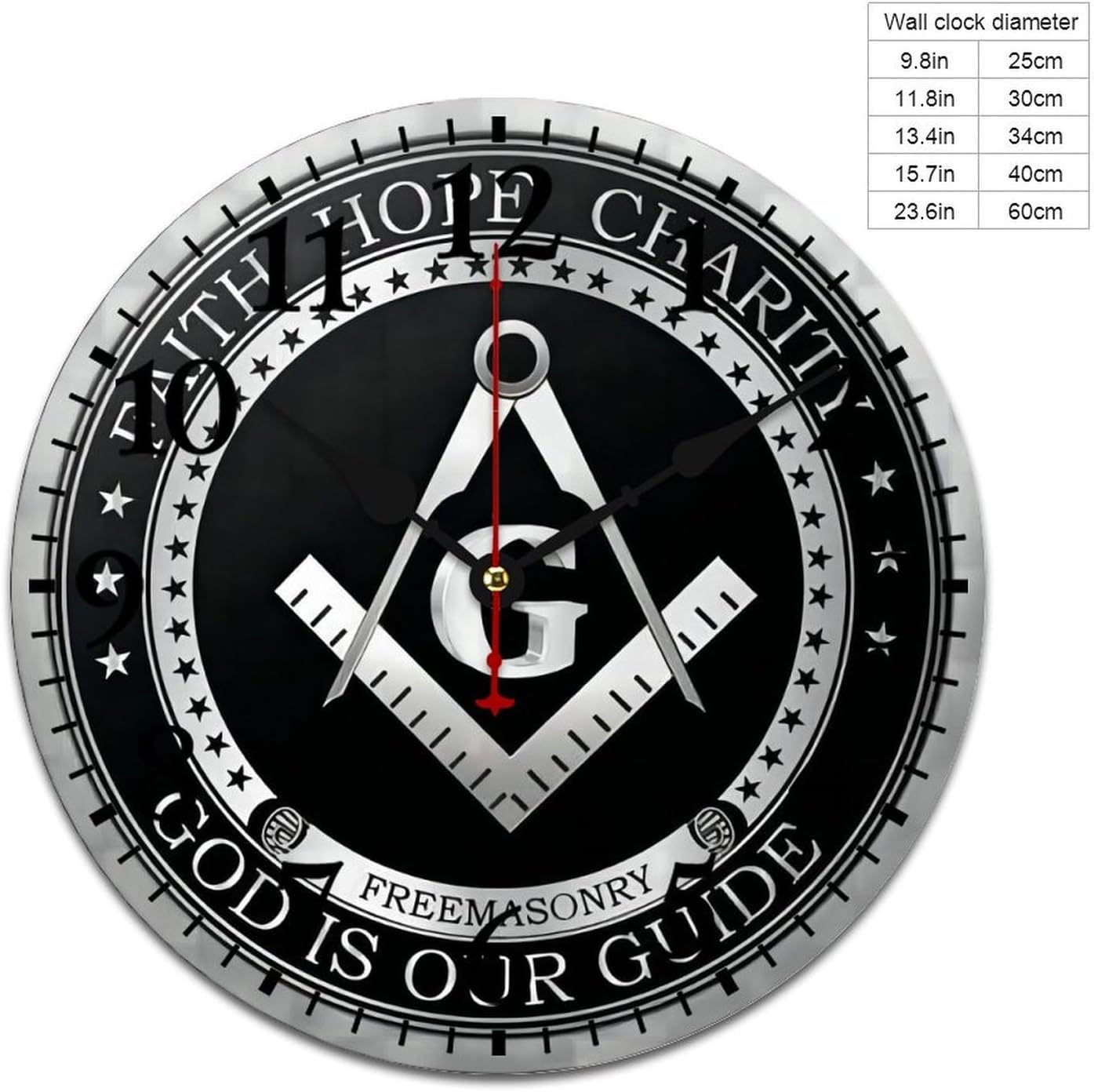 Masonic Faith Hope and Charity Freemason Logo Black Silent Wall Clock, Vintage Rustic Decoration Round Wall Clock for Bedroom, Bathroom, Living Room, Home Office(13.4 * 13.4in)