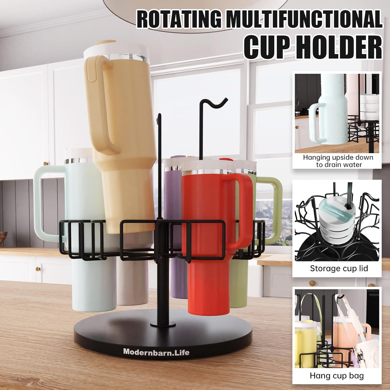 Water Bottle Organizer for Cabinet or Counter - Rotating Non-Slip Tumbler Organizer Holder for Stanley 40 Oz Cup with Handle - 2-In-1 Tumbler Display Storage Rack & Water Bottle Drying Rack - Black - Image 3