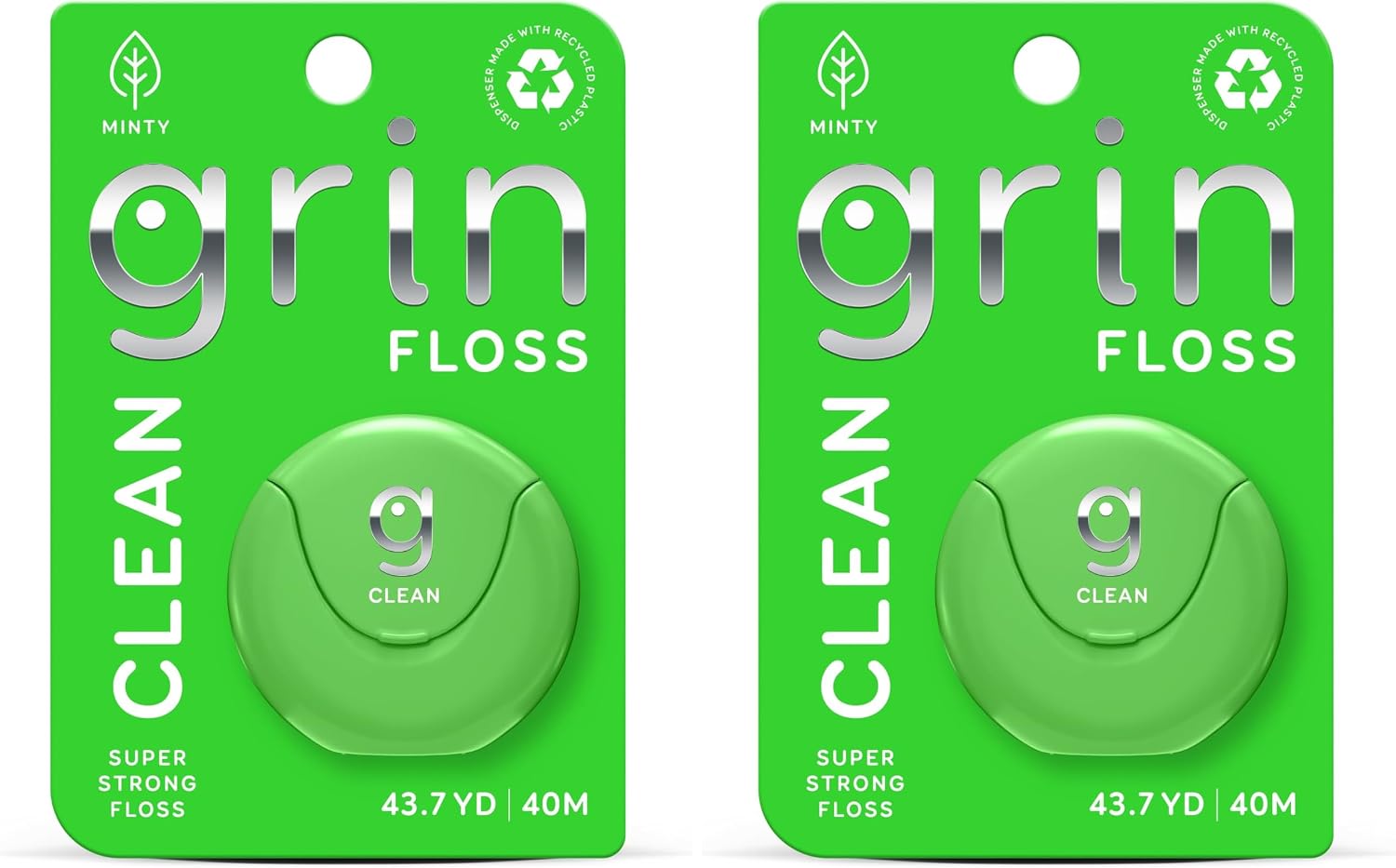 GRIN Clean Dental Floss – 43.7 Yards | Super Strong Floss | Minty | Shred-Resistant | Compact Dispenser Made with Recycled Plastic (Pack of 2)