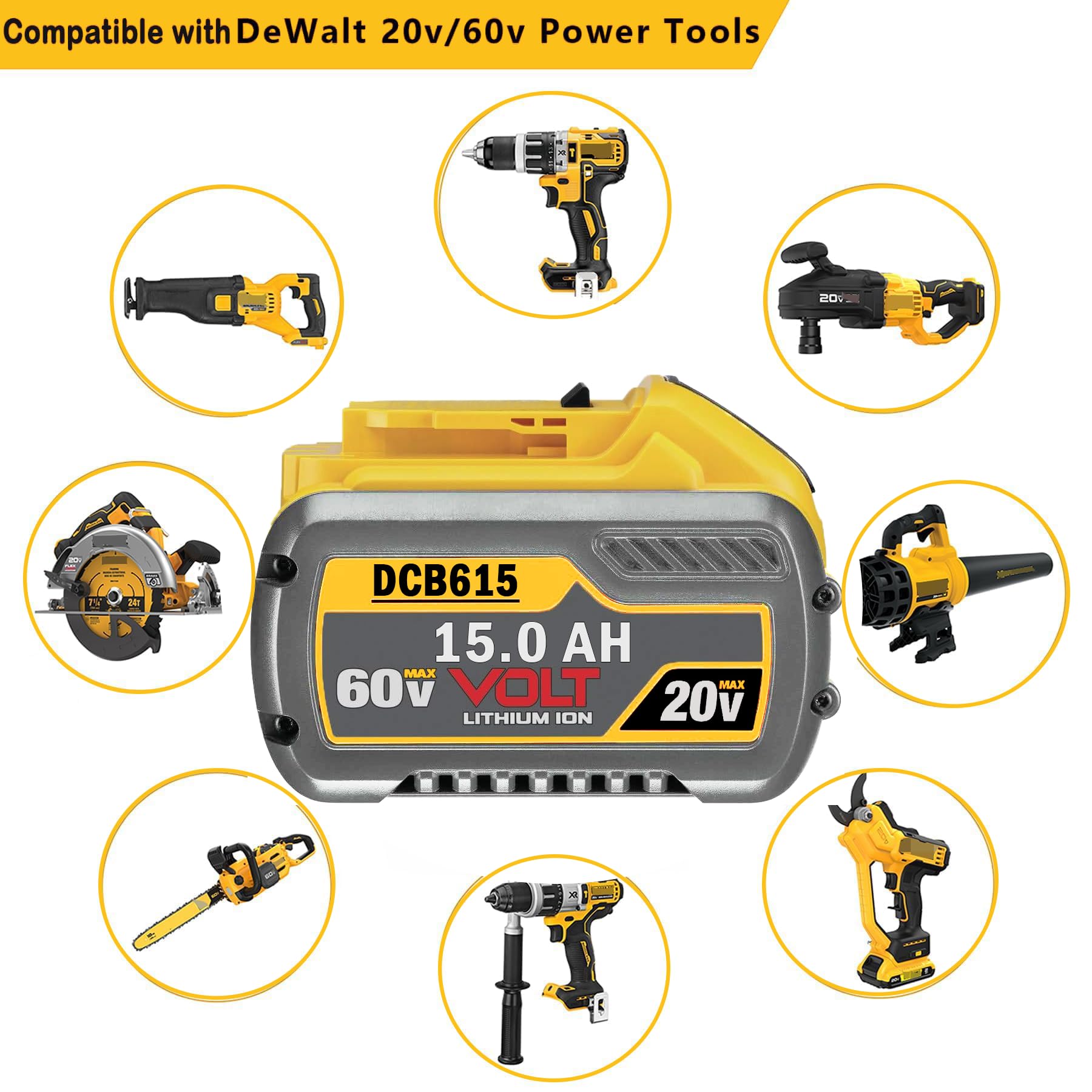 LONG FIT 2PACKS 60V MAX 15000mAh Replace for DeWalt Battery DCB606 DCB609 DCB612 DCB615 Compatible with DeWalt 20V/60V Power Tools and Chargers