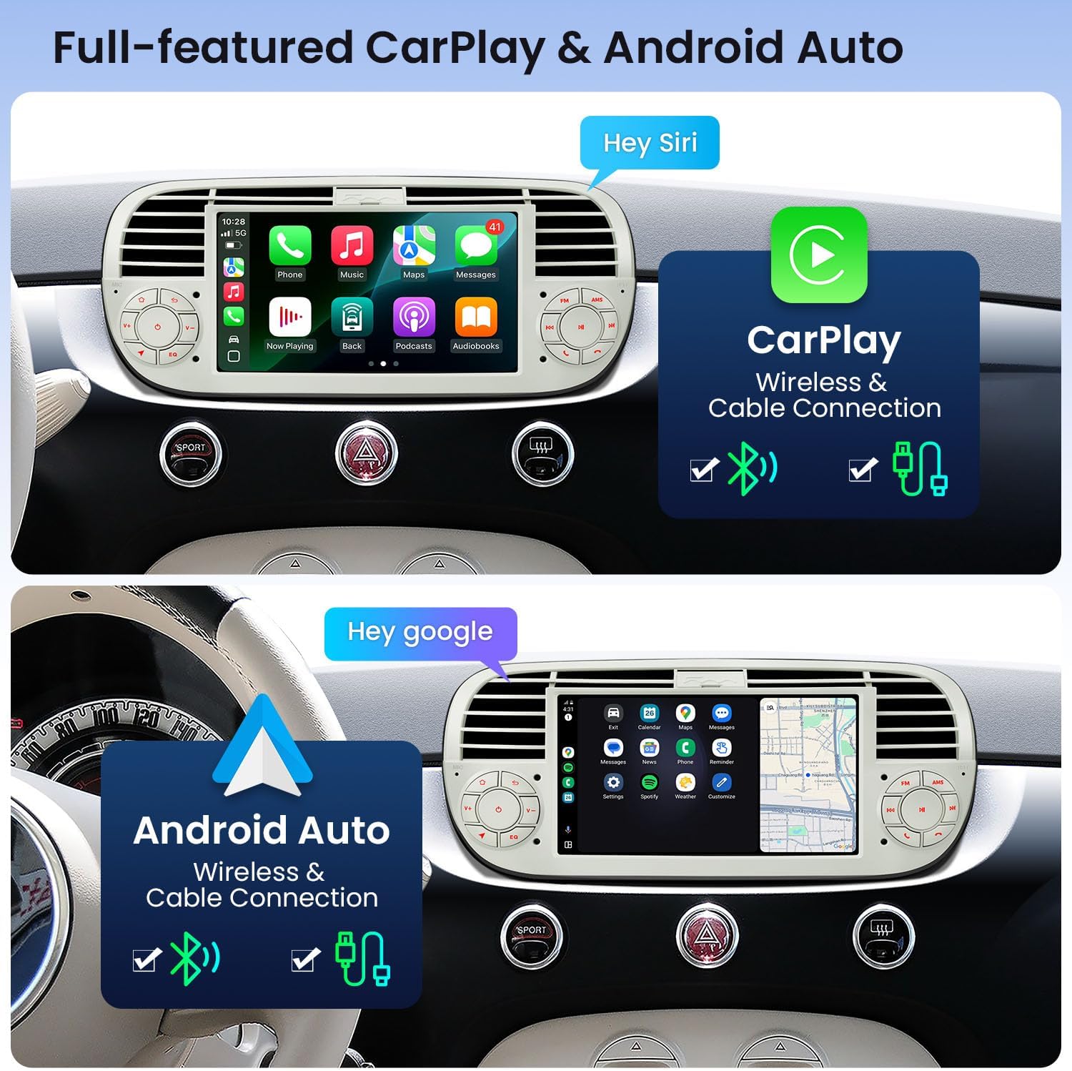 XTRONS Android 14 Car Stereo for Fiat 500 (2007-2015), 7 Inch Touch Screen Radio Replacement Head Unit Support GPS Navigation Bluetooth Built-in DSP CarPlay Android Auto 2+64GB (Cream)