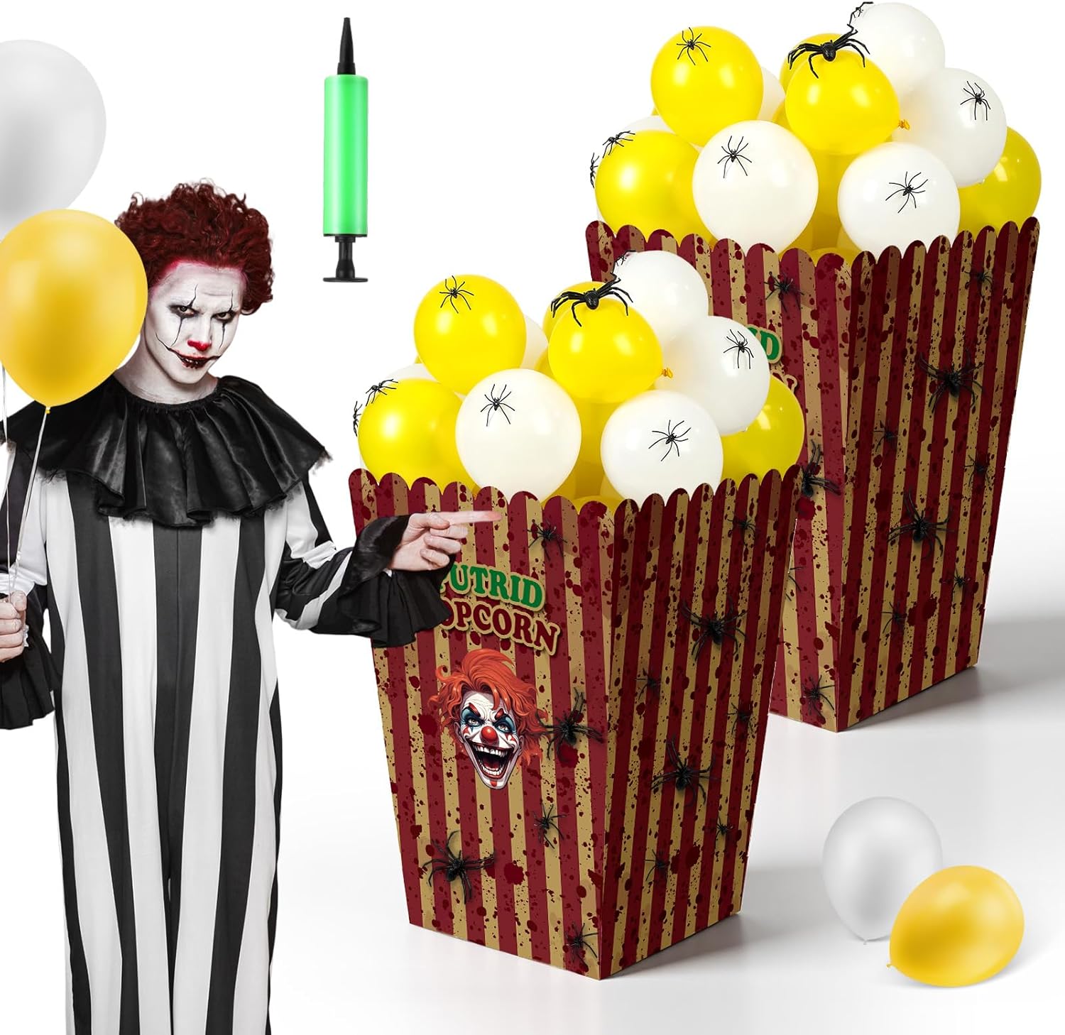 91 Pcs Carnival Circus Giant Popcorn Box Large Clown Cardboard Popcorn Display Stand with Balloons Fake Spiders for Movie Night, Carnival, Circus Theme Party Decor