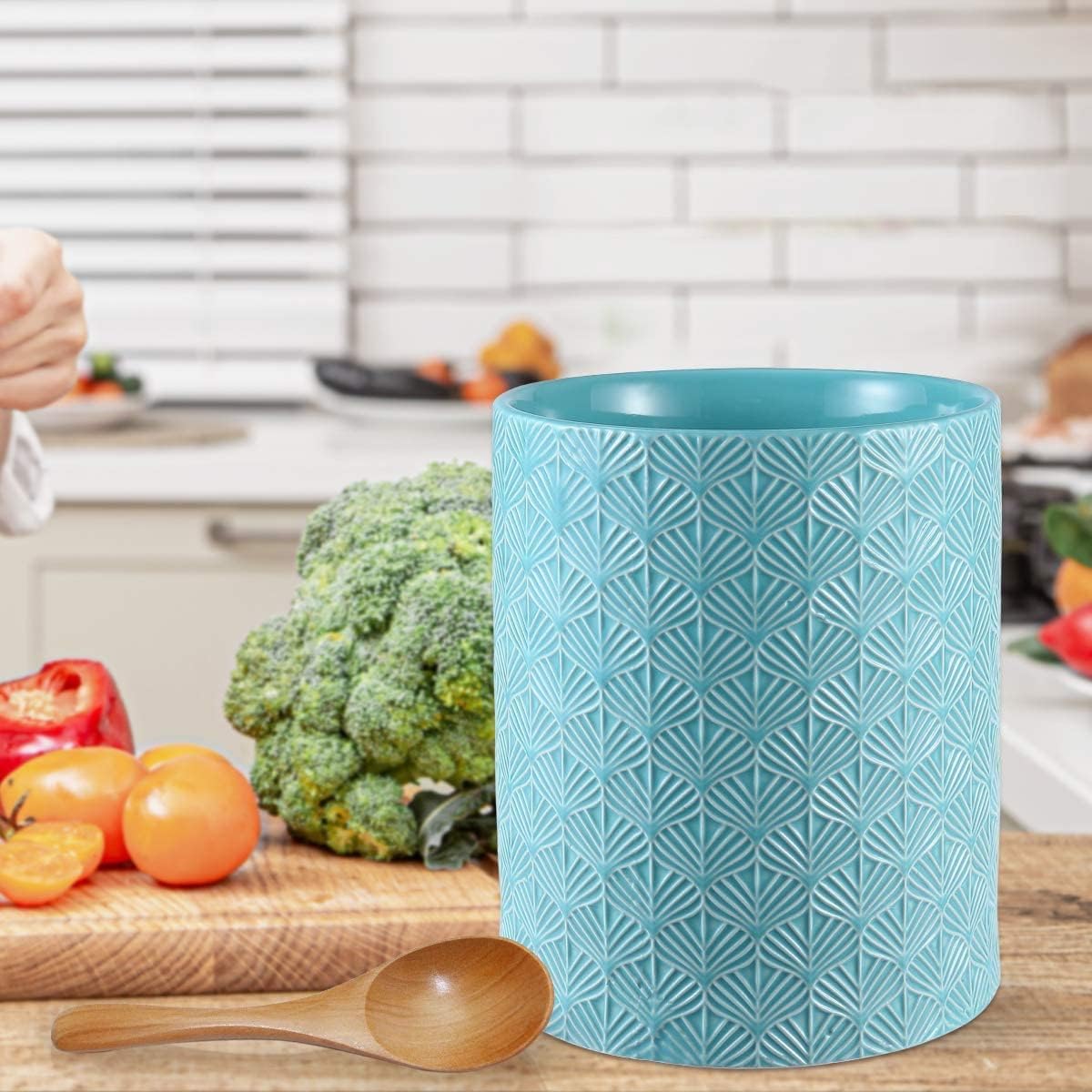 Ceramic Utensils Holder，Extra Large Stable Ceramic Cooking Tool Organizer Set for Kitchen，For Countertop ,Blue