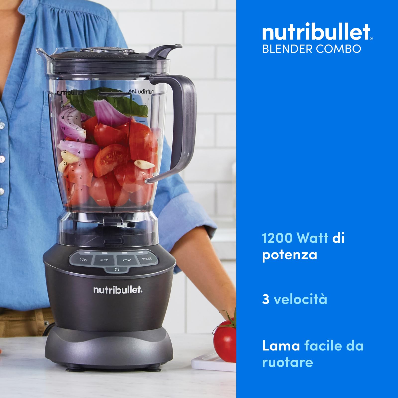 nutribullet Full Size Blender Combo, Frullatore Elettrico, Tritatutto Multifunzione, Professionale, Con Tre Bicchieri di cui uno da 1,8 L Senza BPA, Potenza 1200 Watt, NBF500MB