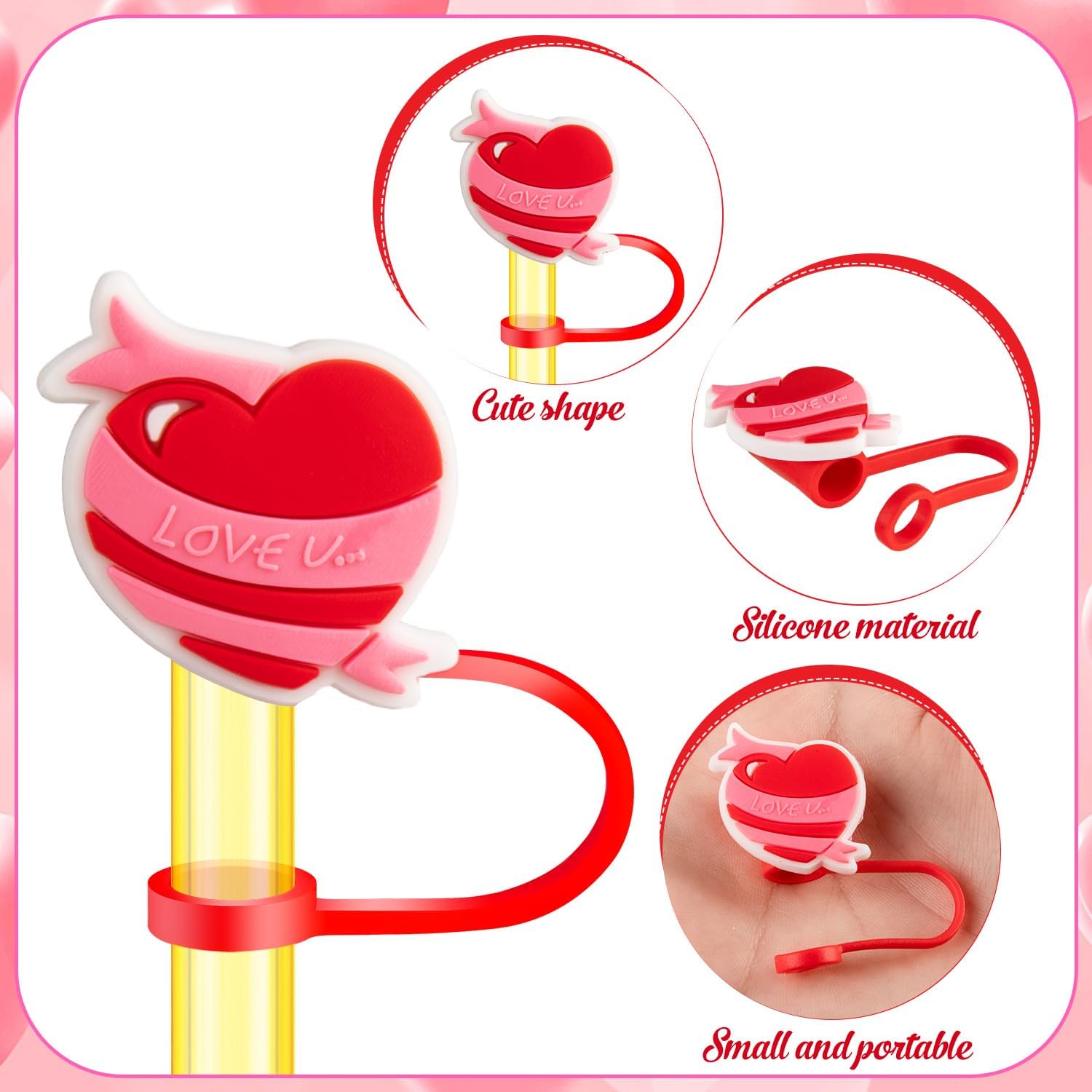 24 PCS Valentine's Day Straw Toppers, 8mm Heart Shaped Straw Cover Cap for Tumblers, Reusable Red Pink Lips Drinking Straws Tip Cover Lover Couple Fun Gifts - Image 6