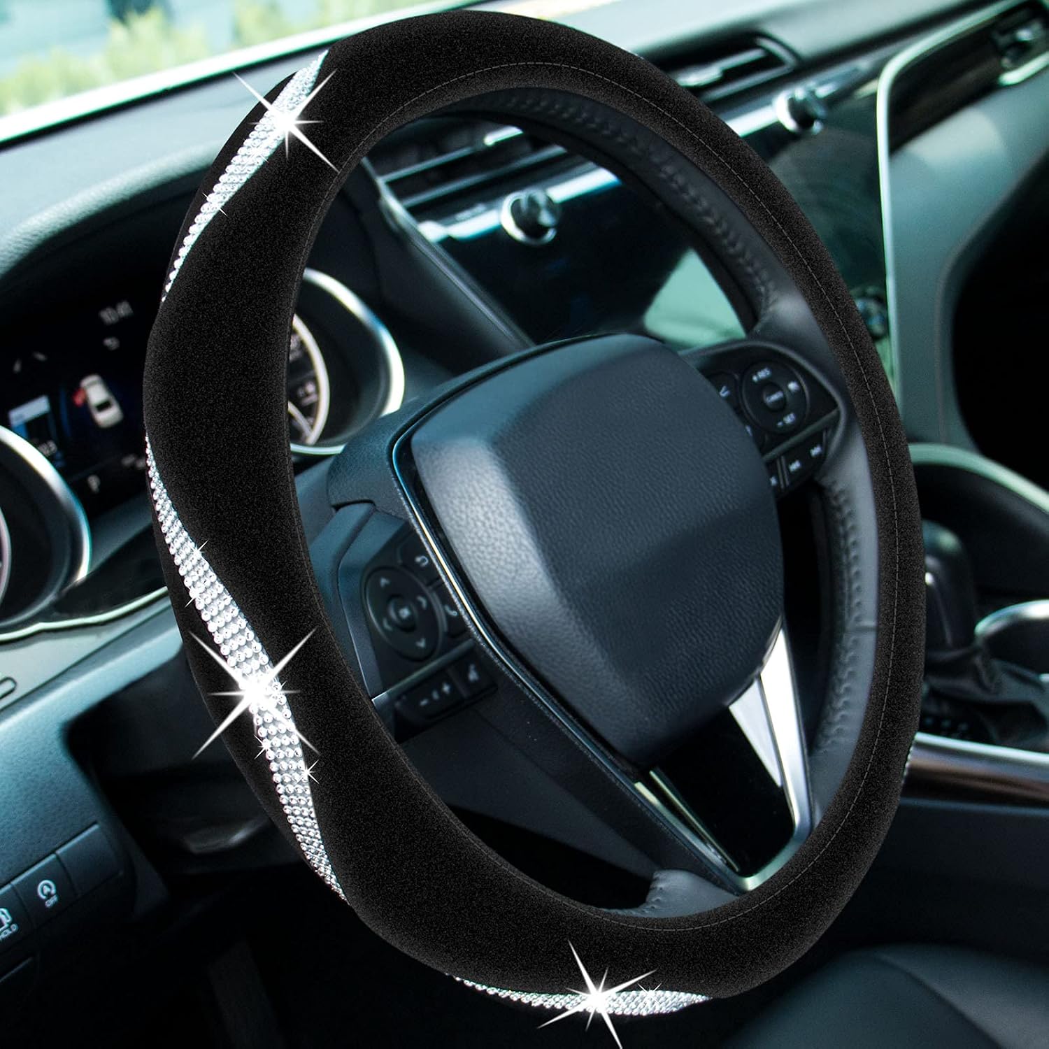 Bling Steering Wheel Covers, Soft Velvet Feel Crystal Rhinestone SUV Car Steering Wheel Cover 15 inch , Glitter Car Accessories for Women Girl , Black