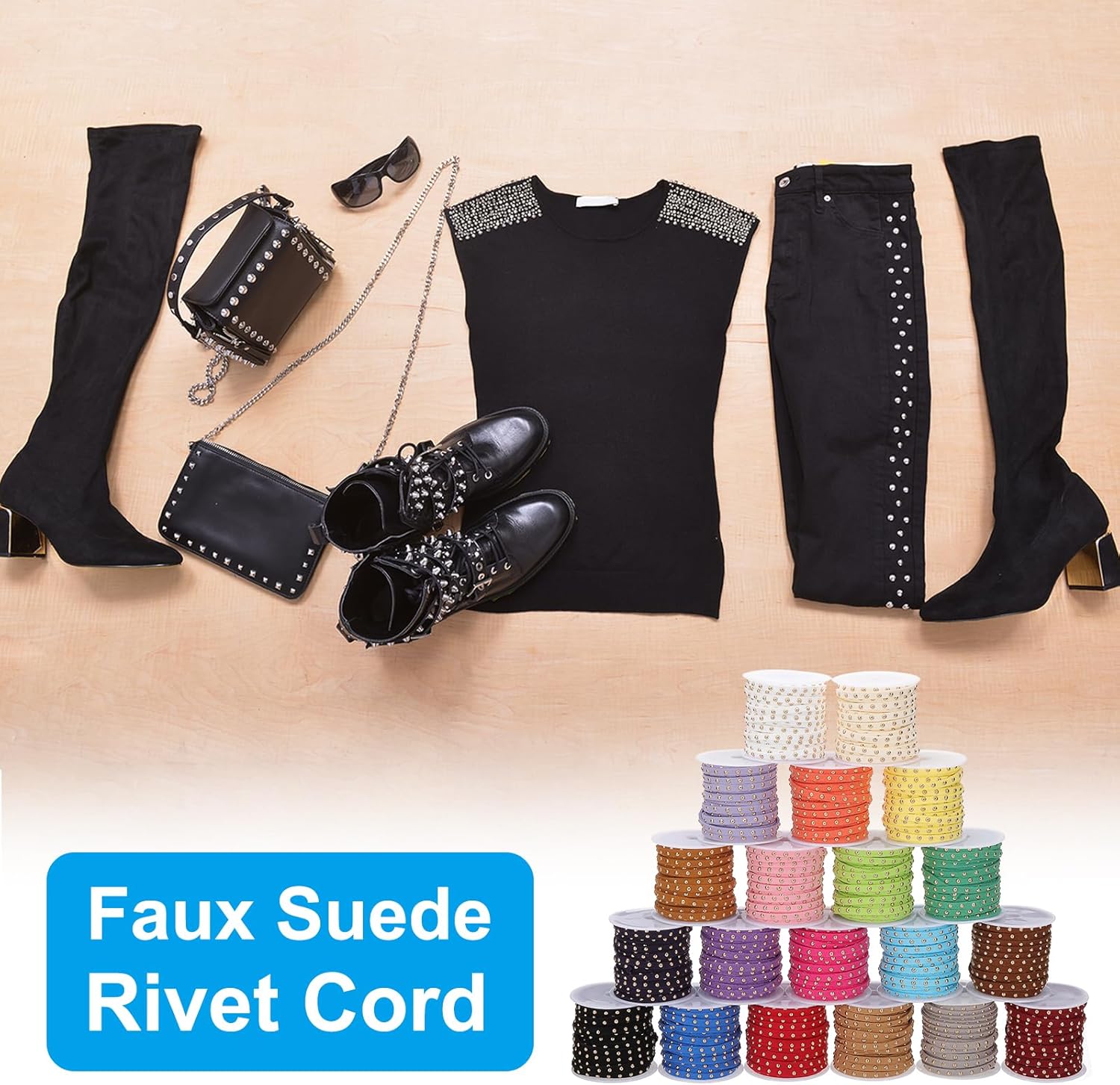 PATIKIL 109 Yards Studded Faux Suede Cord Rope for Jewelry Making, 20 Pack Each 5 Meter 5mm Micro Fibre Flat Leather Lace Beading String Ribbon, Gold Rivets 20 Colors