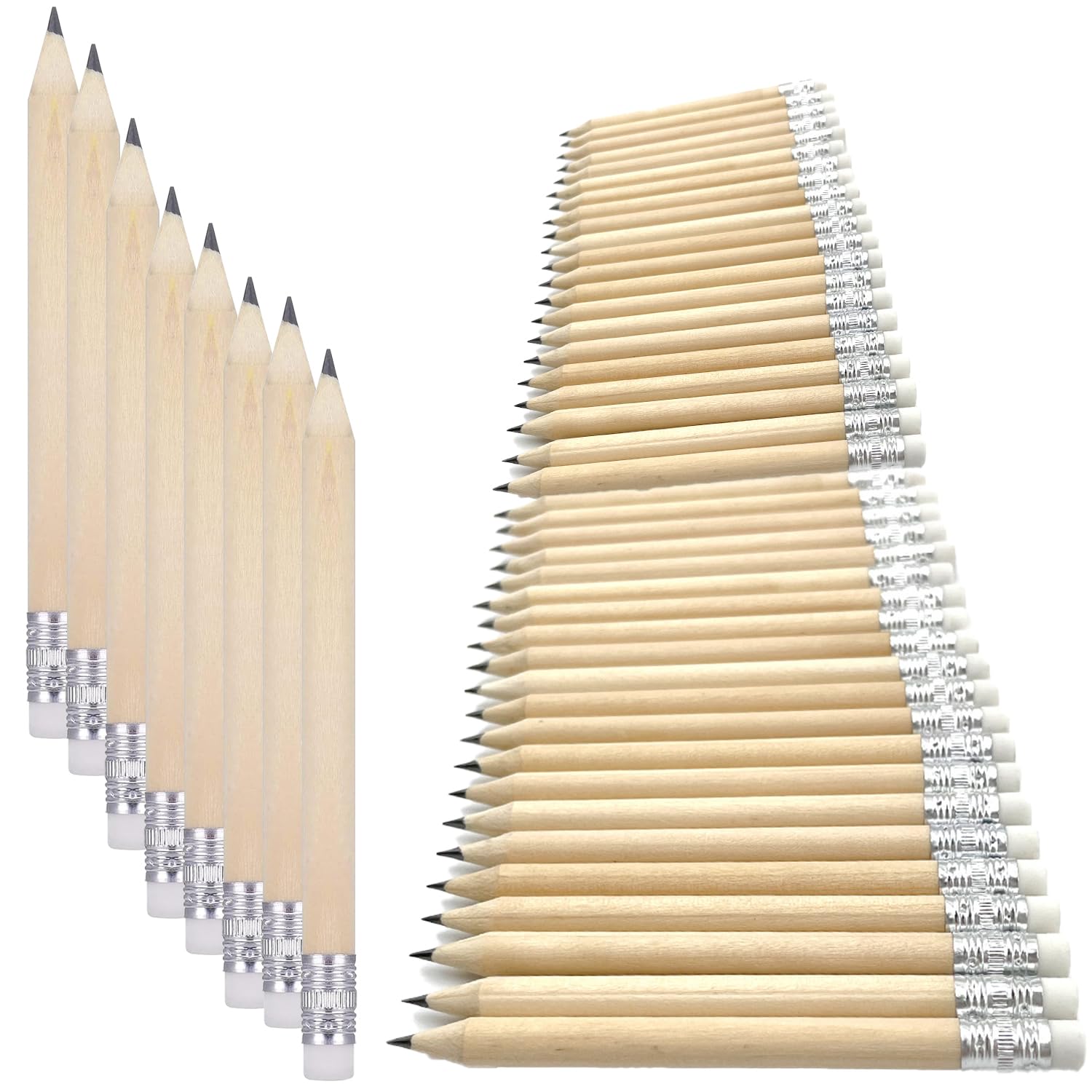 Kaquxibix 50-Pack Mini Wooden Pencils with Erasers for Kids, Students, and Professionals - HB Hardness, Round Design