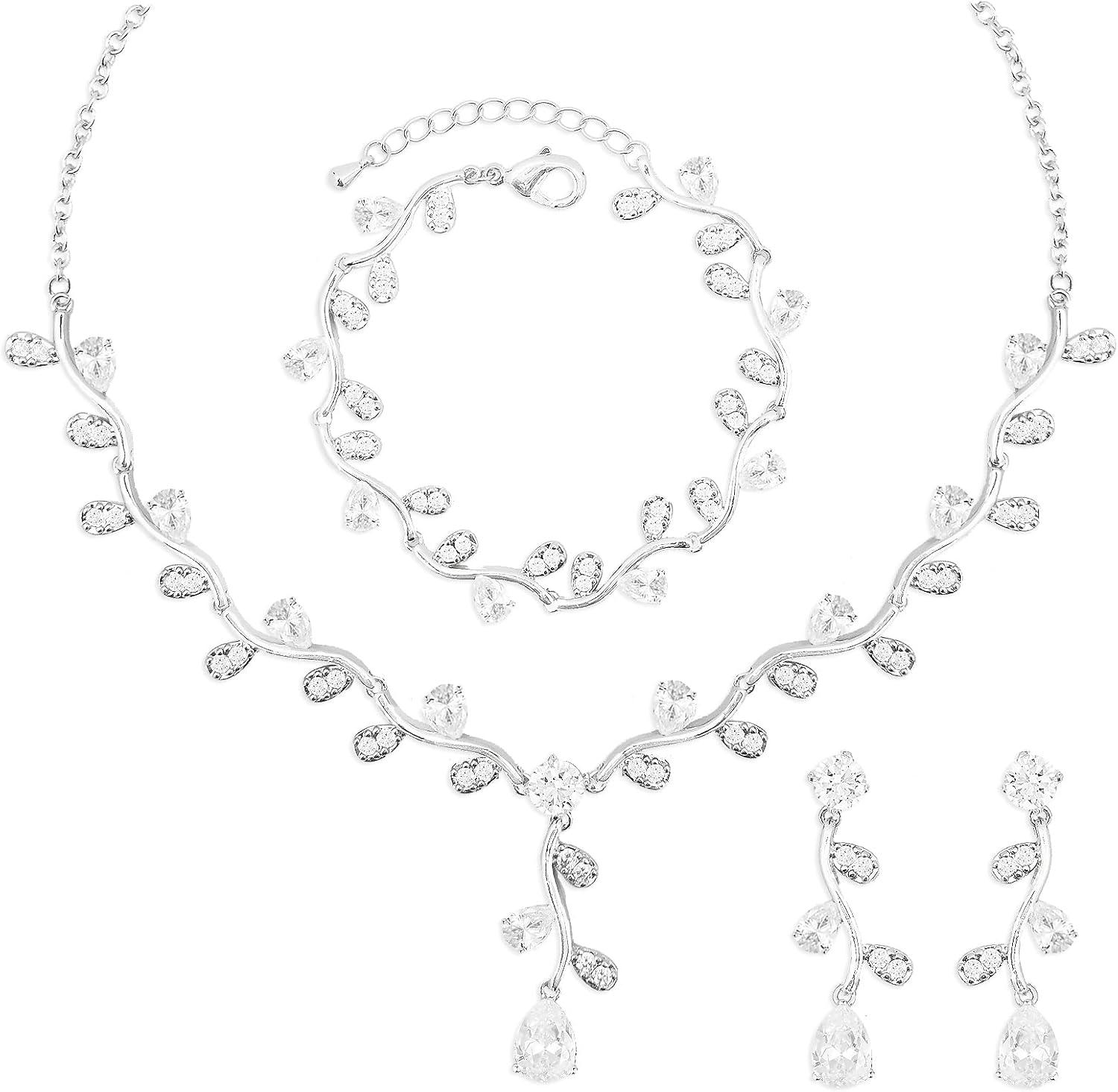 Leaf Vine Cluster Cubic Zirconia Wedding Jewelry Set for Women CZ Bridal Necklace Earrings Bracelet Set Party Jewelry for Bridesmaids