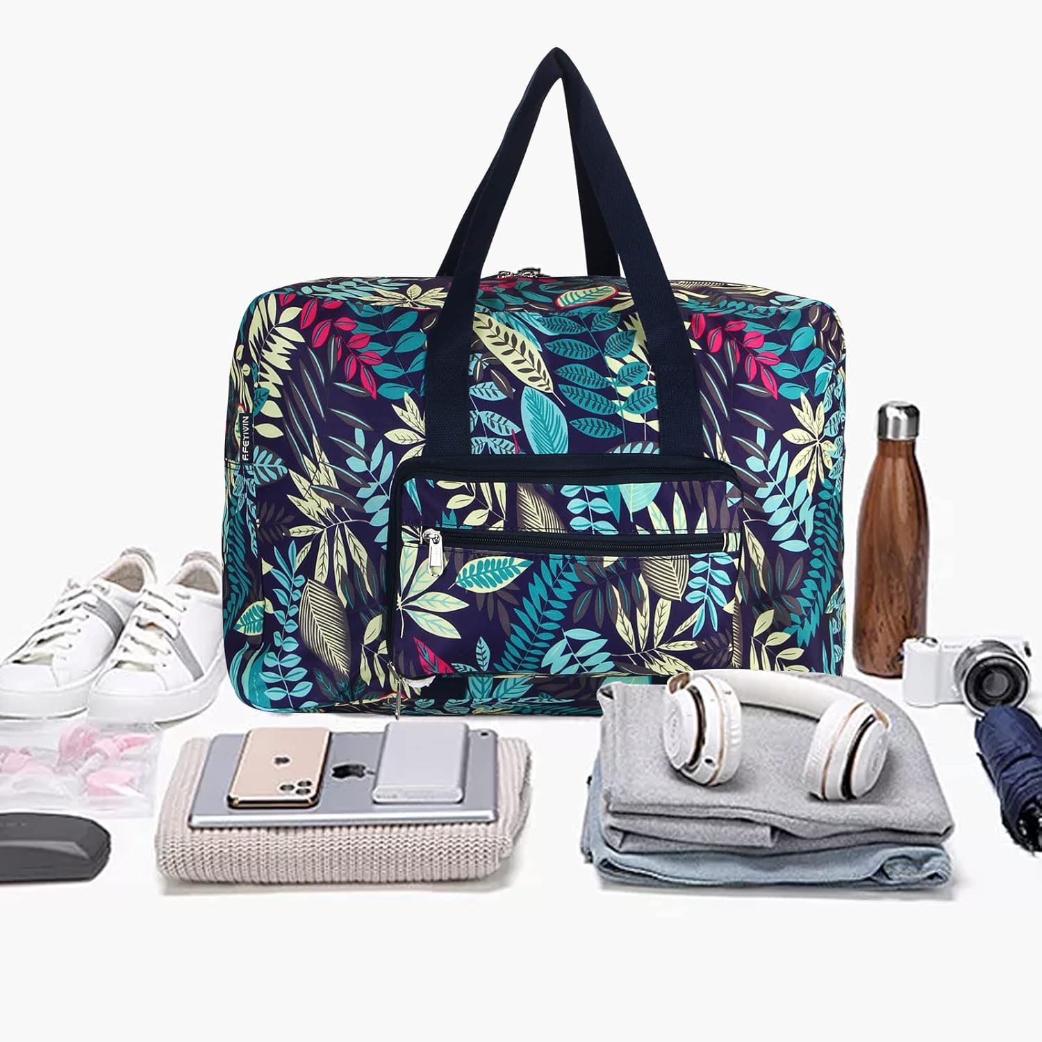 F.FETIVIN Weekender Bag Carry On Travel Duffle Medium Overnight Bag for Women (Blue Leaf) - Image 5