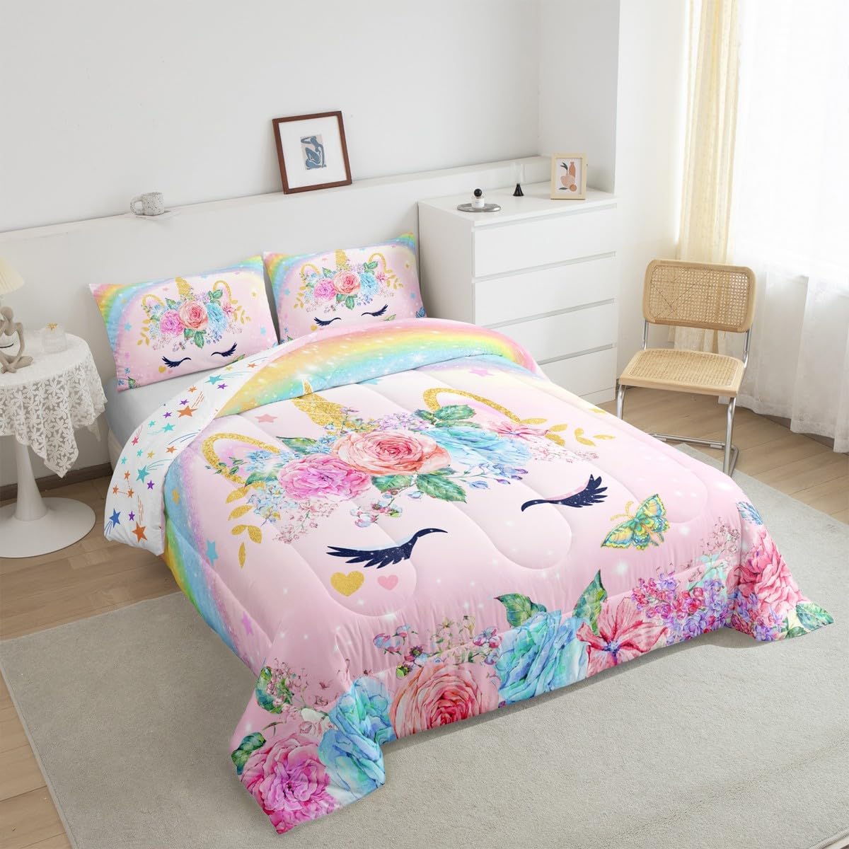 Feelyou Twin Size Unicorn Comforter Set for Kids Girls Bedroom Decorations Teens 3D Pink Unicorn Rainbow Bedding Comforter Set Ultra Soft and Fluffy Flower Comforter Sets