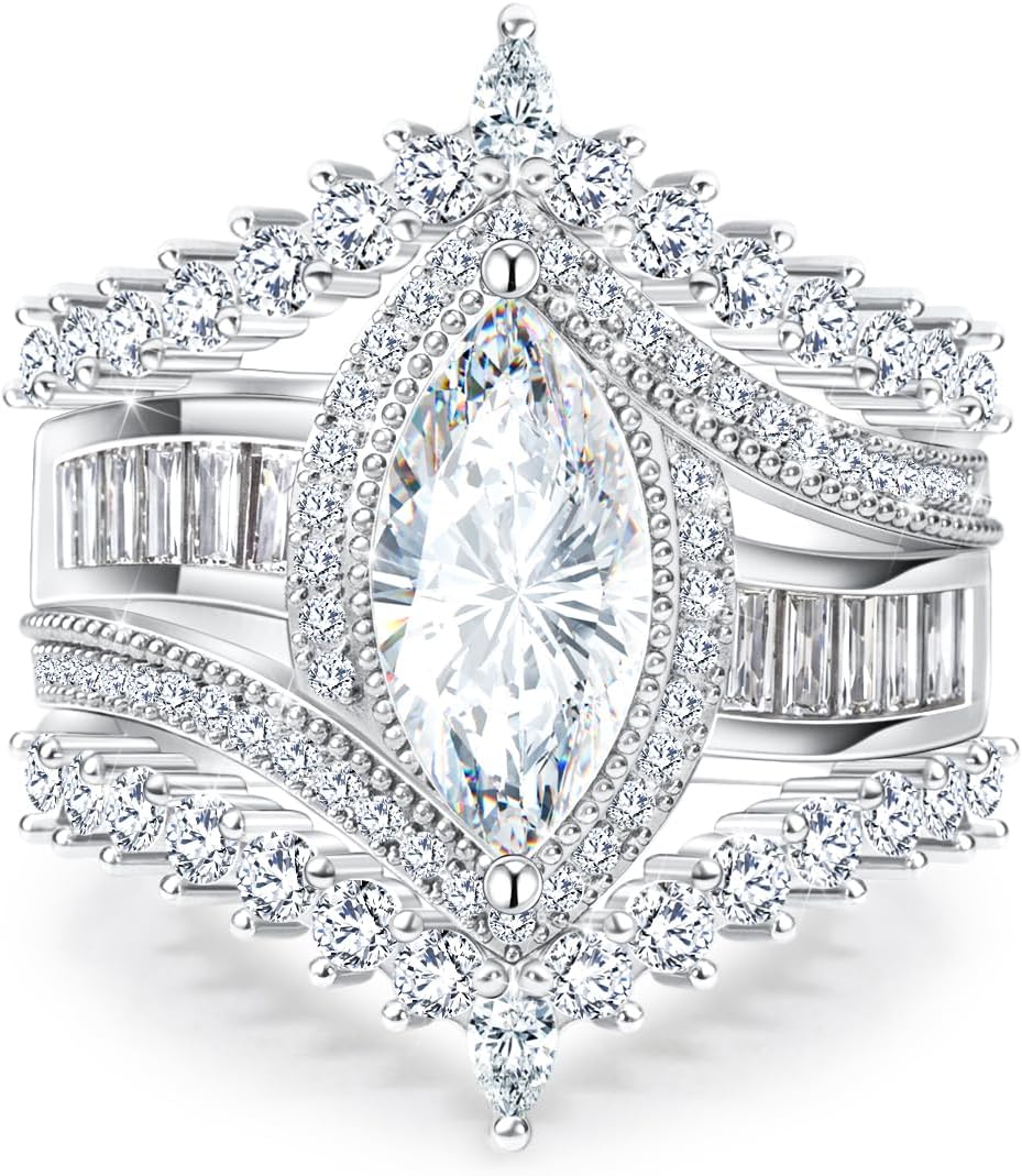 Moissanite Wedding Sets For Women, 2CT Marquise Brilliant Cut Moissanite Engagement Rings 3-Piece Set, Sterling S925 Silver Ring
