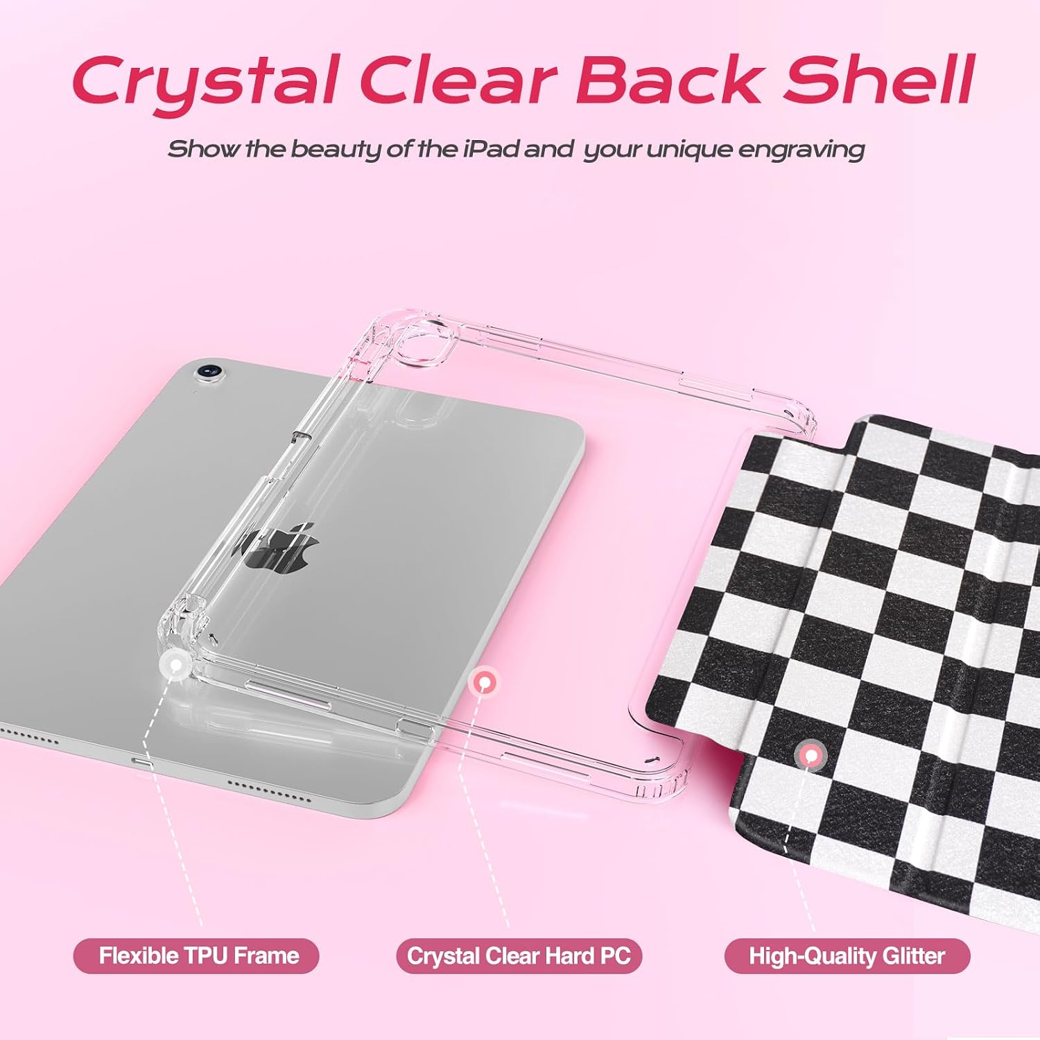 Slim Case for iPad (A16) 11th Generation 11 Inch (2025), iPad 10th Generation 10.9 Inch (2022) with Pencil Holder, Shockproof Clear Hard Back Cover for Women Girls, Black Checkered