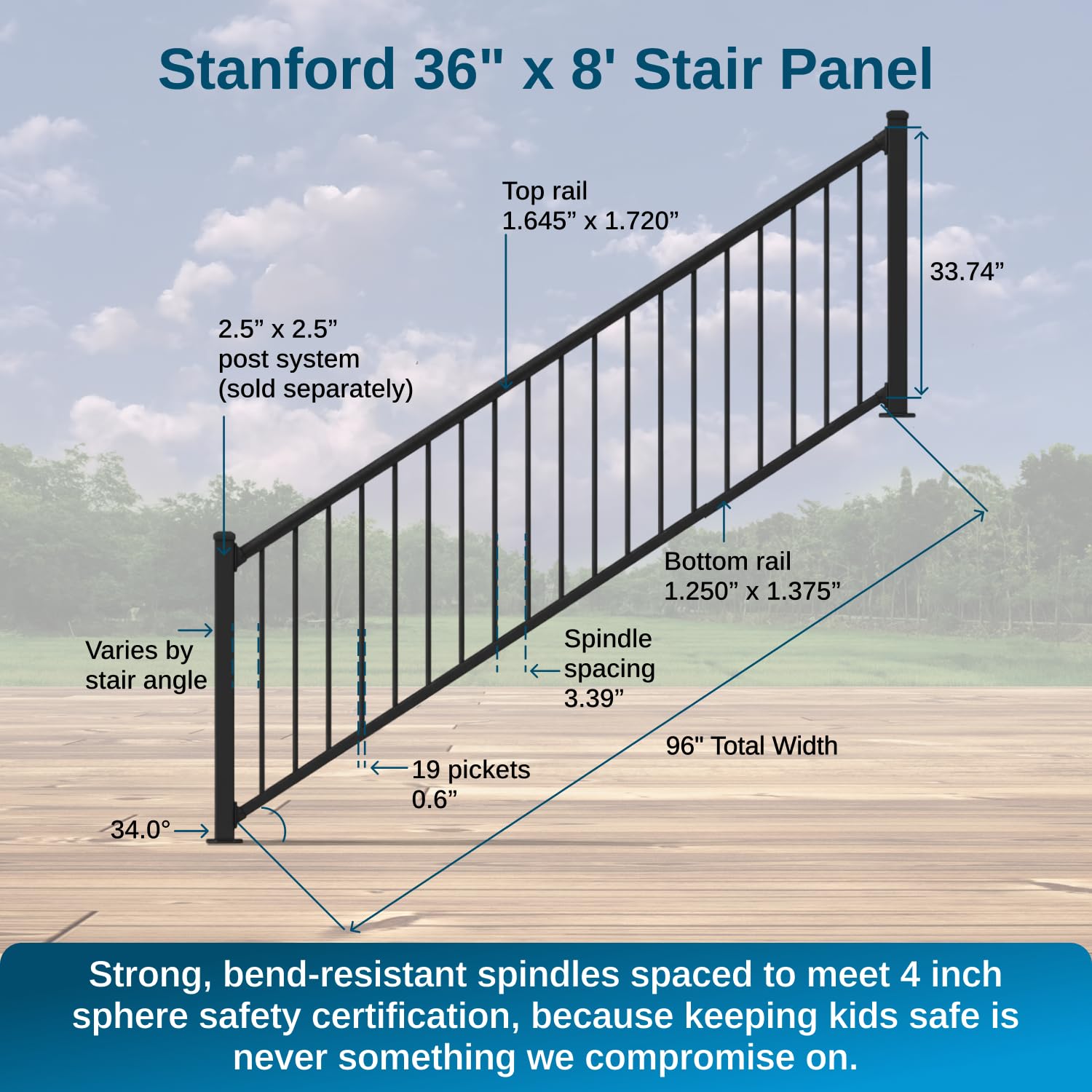 Weatherables 36 in. H x 8 ft. W Stanford Stair Railing Kit – Aluminum Porch & Deck Railing Kit with Black Powder-Coated Finish, Adjustable Outdoor Hand Rail Kit
