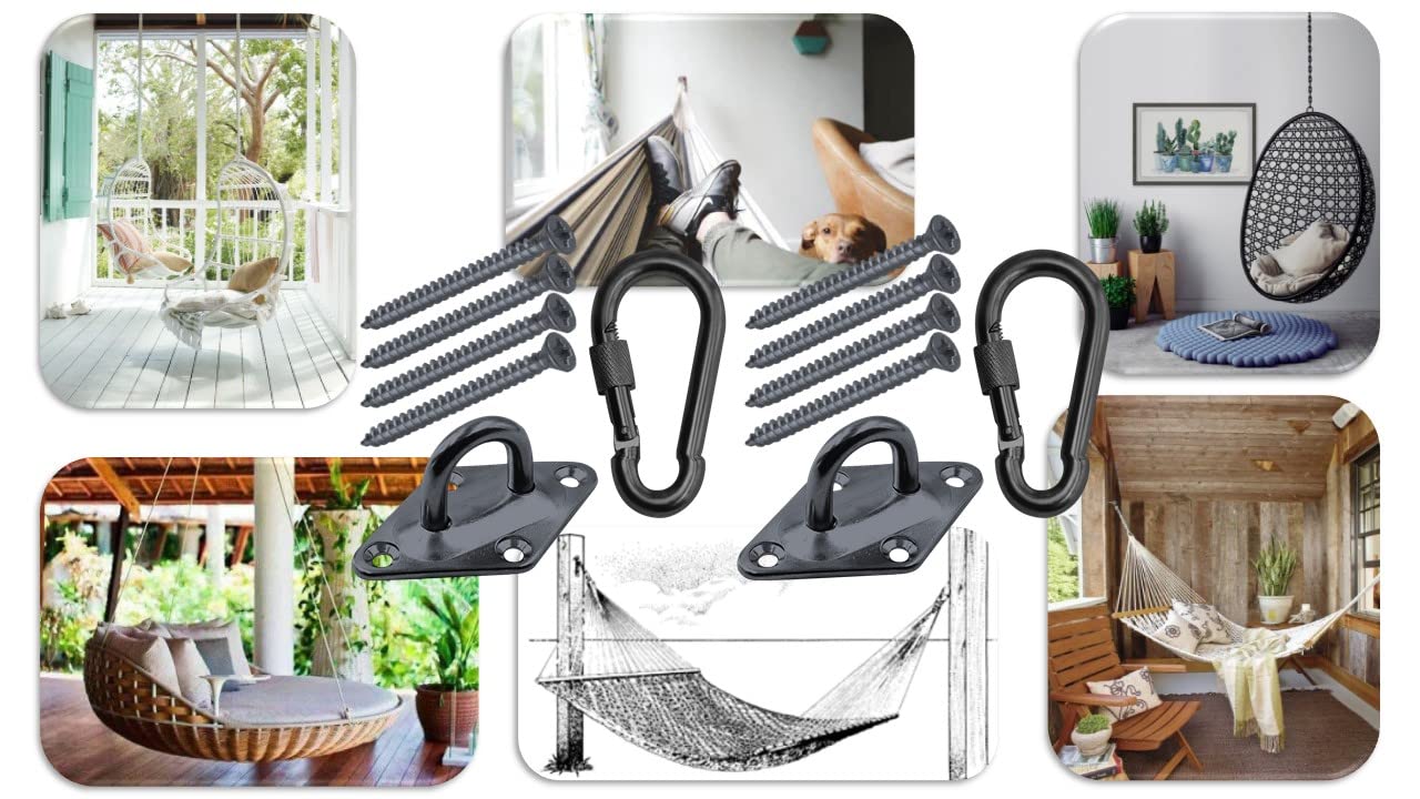 Hamaca de carga resistente negra o plateada de 1000 libras con ganchos de mosquetón de bloqueo, para árboles, techos, paredes, porches, postes (placa de diamante, kit de hamaca, negro) 7
