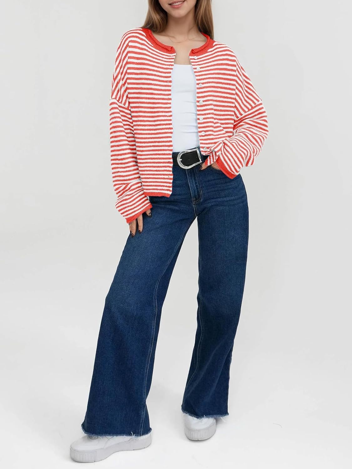 Famnbro Women Striped Cardigan Long Sleeve Open Front Button Down Loose Casual Soft Knit Lightweight Fall Sweaters - Image 4