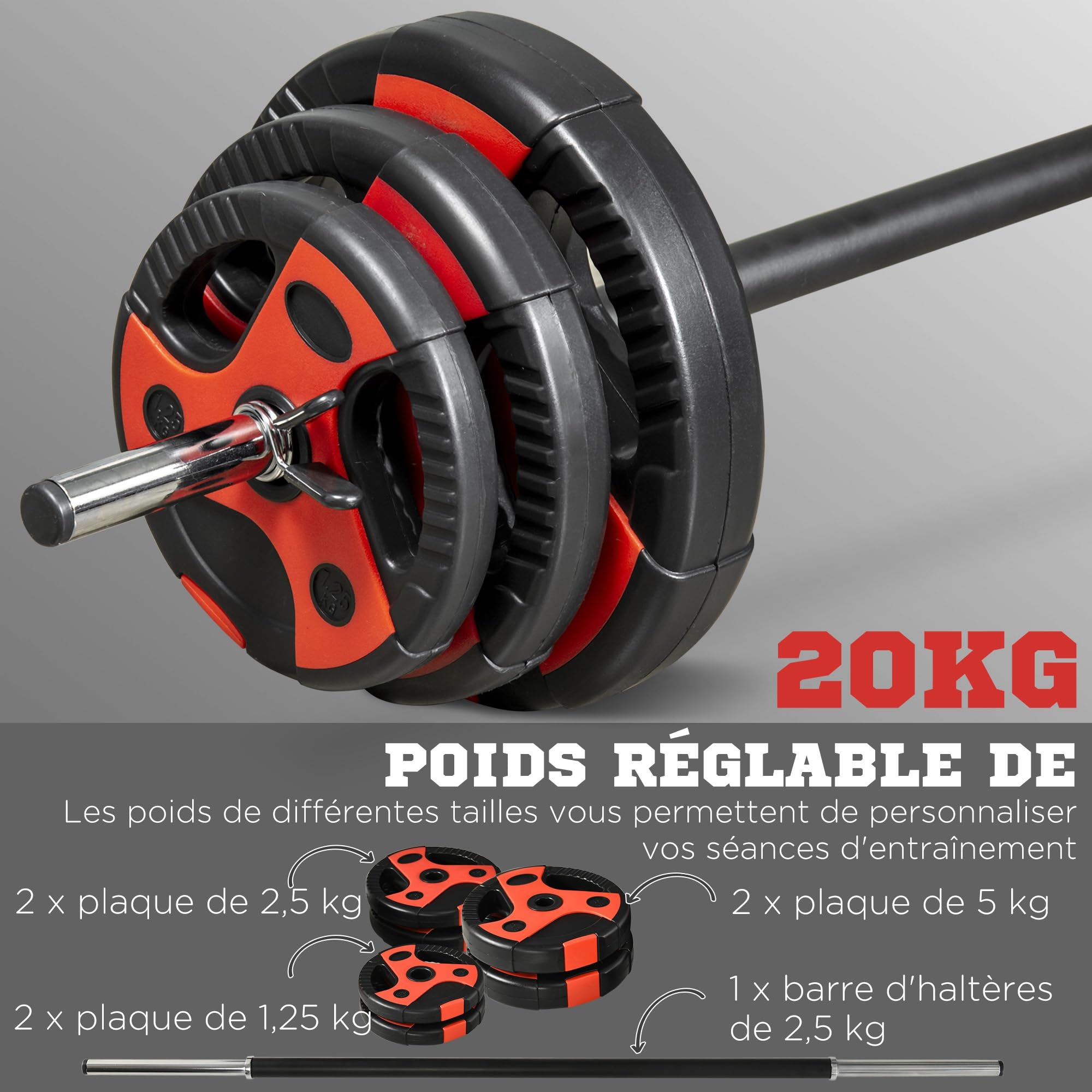 SPORTNOW Ensemble d'haltère 20 kg, kit barre de musculation avec poignée antidérapante, barre monobloc, exercices de fitness entraînement à la maison et gym, poids réglable, charge max. 50 kg, noir