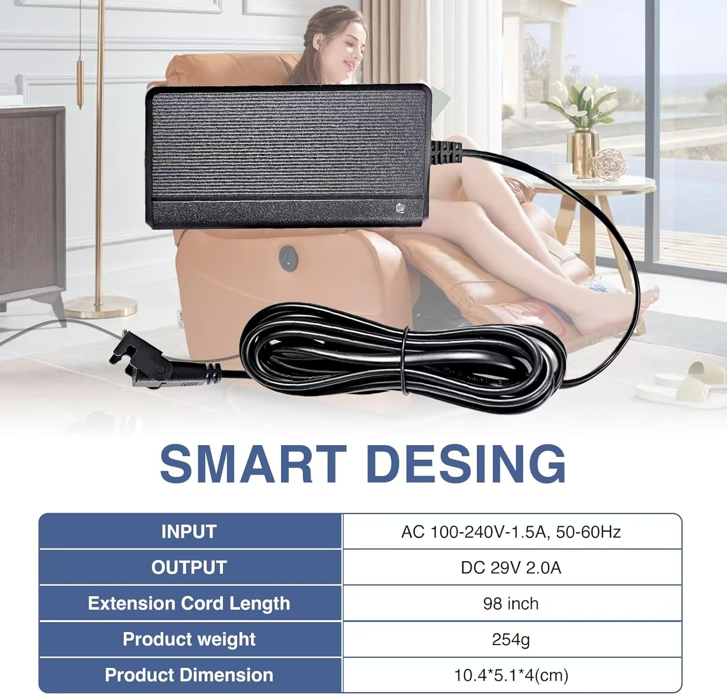 Universal Power Cord for Wall Plug-in Recliner Chair-2-Pin Adapter for Lift Chair,Recliner Sofa,Recliner Couch,29V 2A Recliner Power Supply Compatible with Most Makes & Models ZB-H290020A-C ZBPOWER