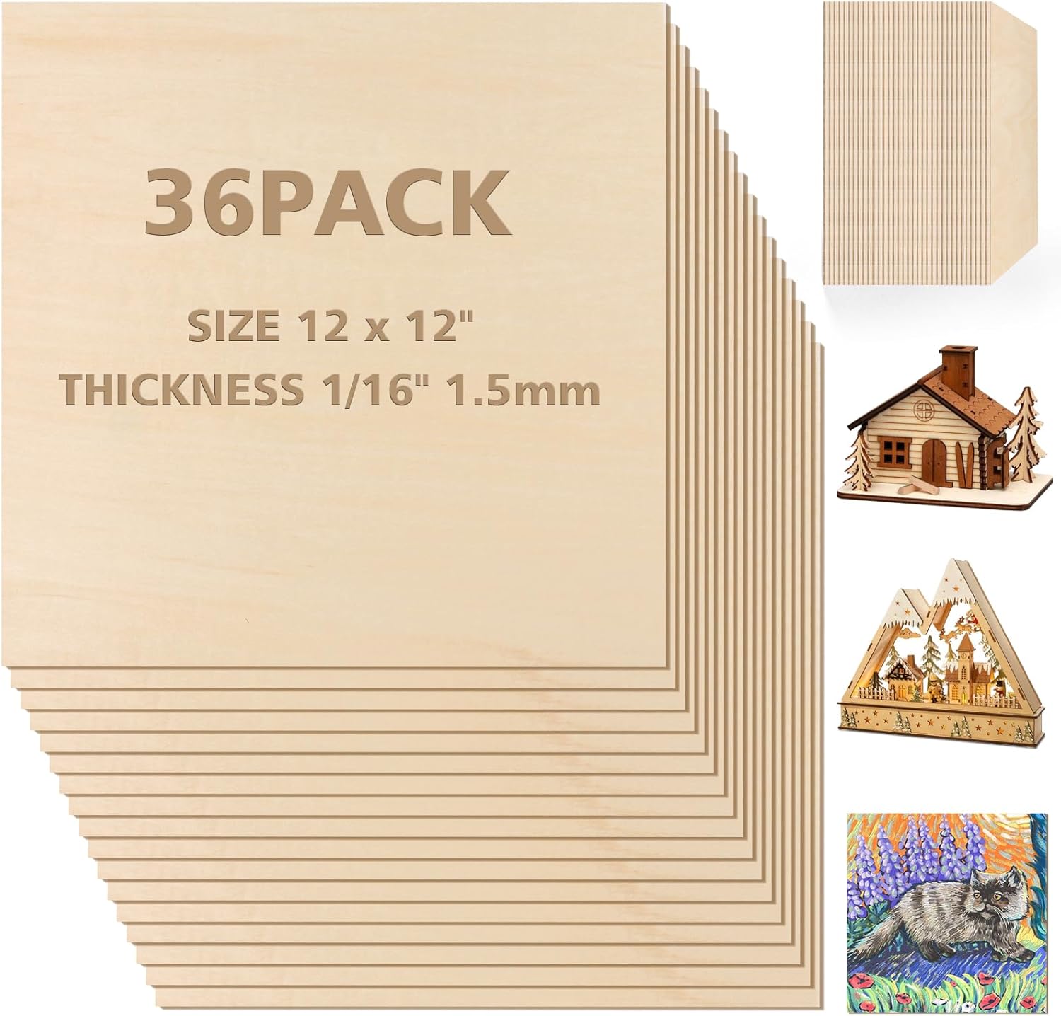 Adrattnay Basswood Sheets 1/16 x 12 x 12 inch - 1.5mm Basswood Sheets Plywood Sheets, 36Pcs Square Unfinished Wood Board for DIY Crafts, Laser Cutting, Wood Burning, Painting, Model Carving