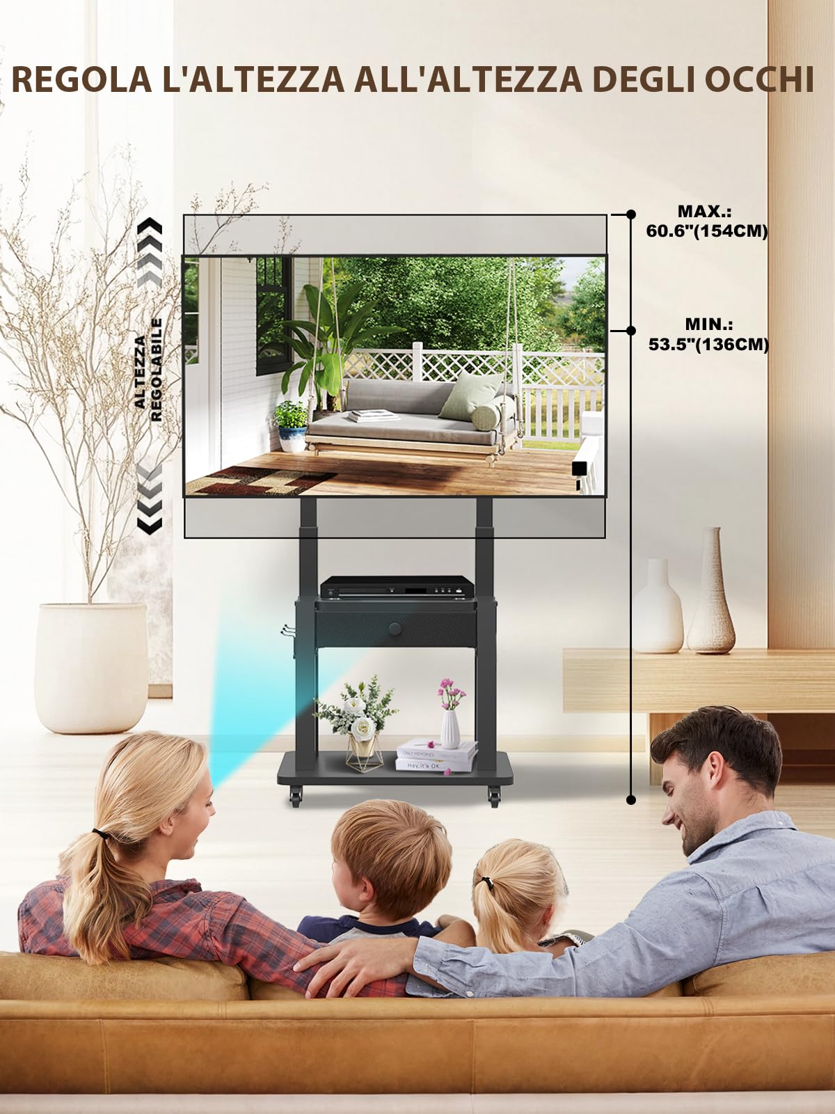 Maiproo Supporto TV con cassetto in tessuto per schermi piatti e curvi da 32 a 75 pollici, regolabile in altezza, LCD/LED/OLED, con vano portaoggetti, carrello mobile per TV su ruote fino a 100 kg