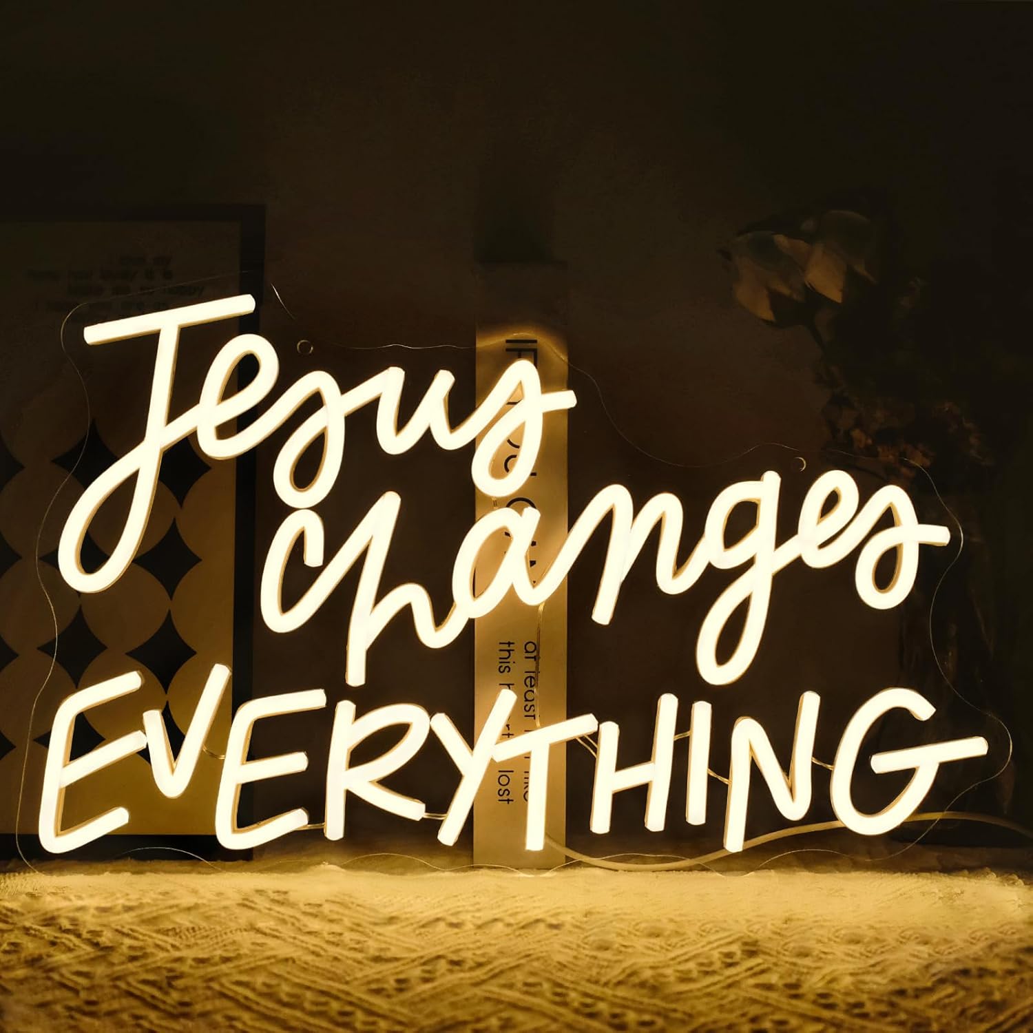 Jesus Changes Everything Neon Sign for Wall Decor Dimmable White Christian Neon Signs Letters Led Neon Lights Signs LED Signs for Church Bedroom Home Party Decoration Christams Easter Gifts
