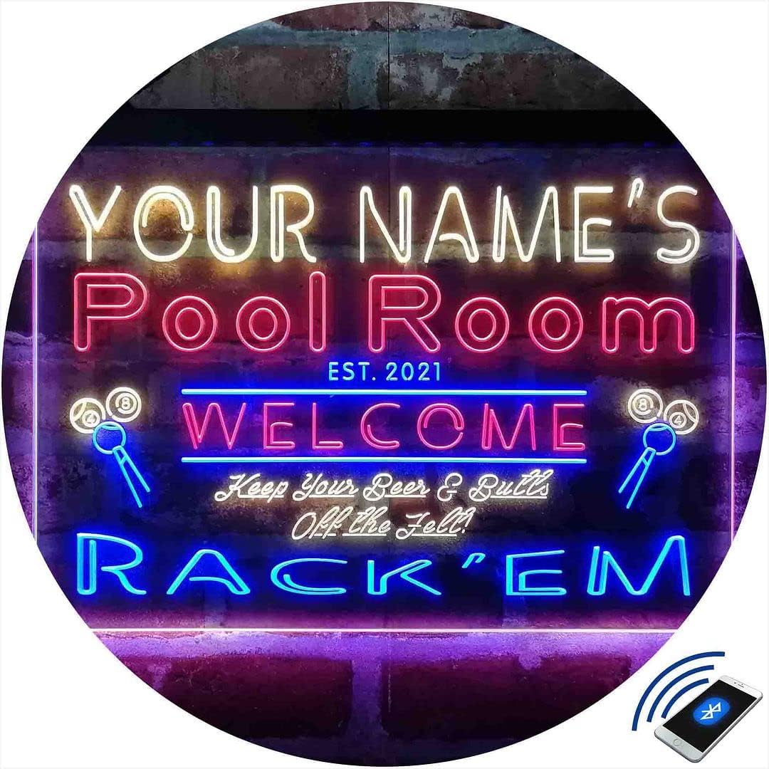 Personalized Pool Room Rack'em Tri-Color LED Neon Light Sign Customize Name Date Text Quote Font Red & Blue & Yellow 17.7 x 13.6 Inches st9s43-py1-tm-rby