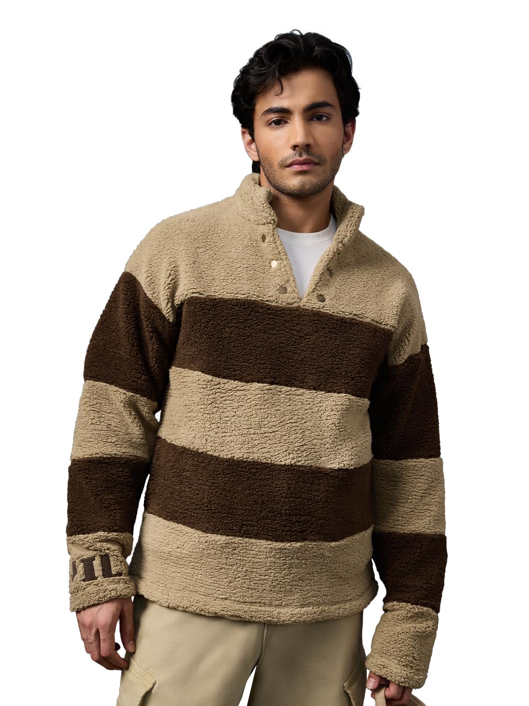 Cocoa Men and Boys Long Sleeves High Neck Beige and Dark Brown Striped Colour-Block Polyester Fleece Oversized Fit Pullover Sweatshirt-image-6