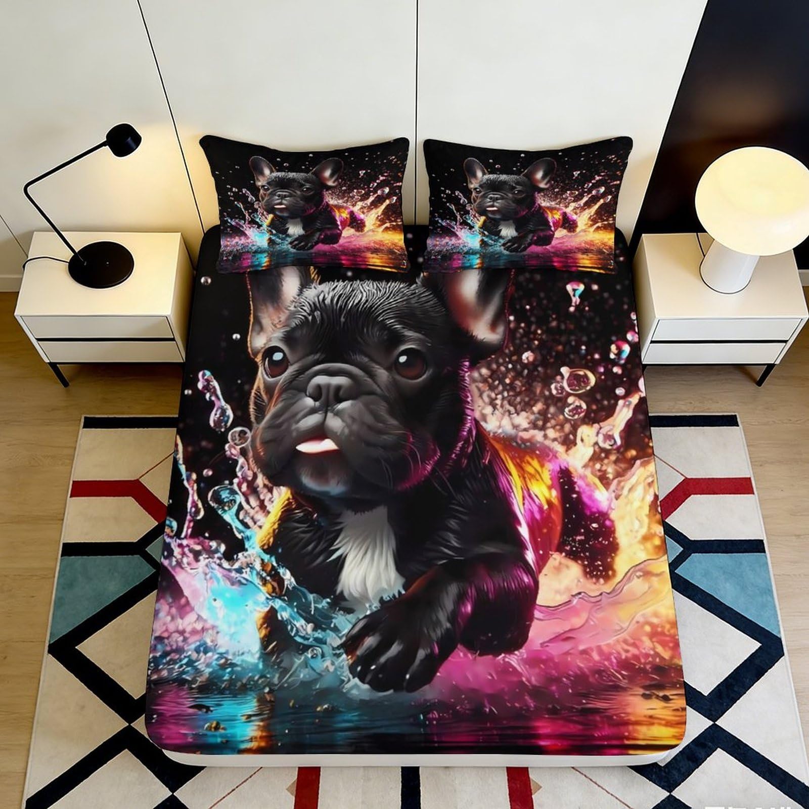 3D Printed French Bulldog Splash Fitted Sheet Microfiber Colorful Water Art Mattress Cover Bedroom Decor 200x200x25cm
