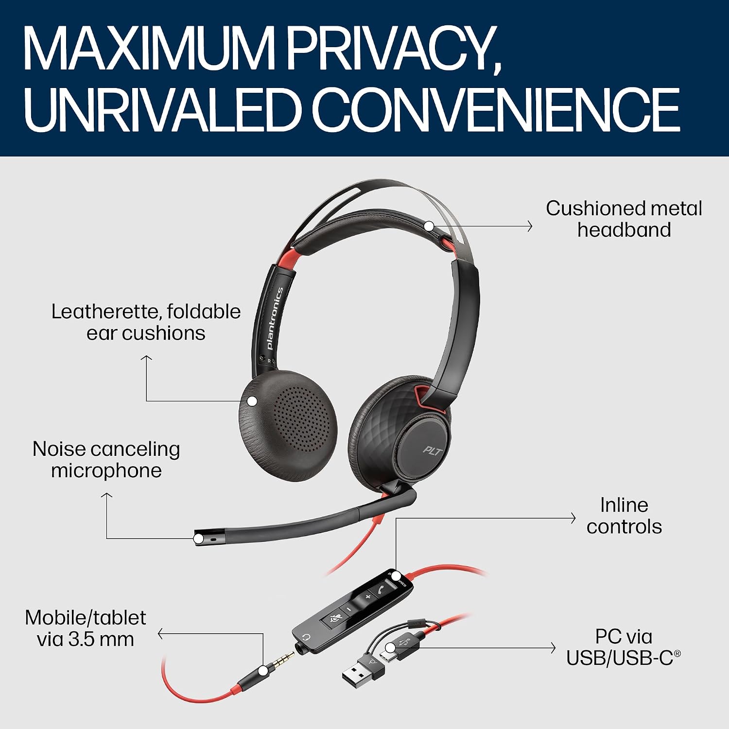 Poly Blackwire 5220 USB-A Wired Headset (Plantronics) - Flexible Noise-Canceling Boom Mic - Ergonomic Design - Connect to PC/Mac, Mobile via USB-A or 3.5 mm - Works w/Teams, Zoom - Amazon Exclusive