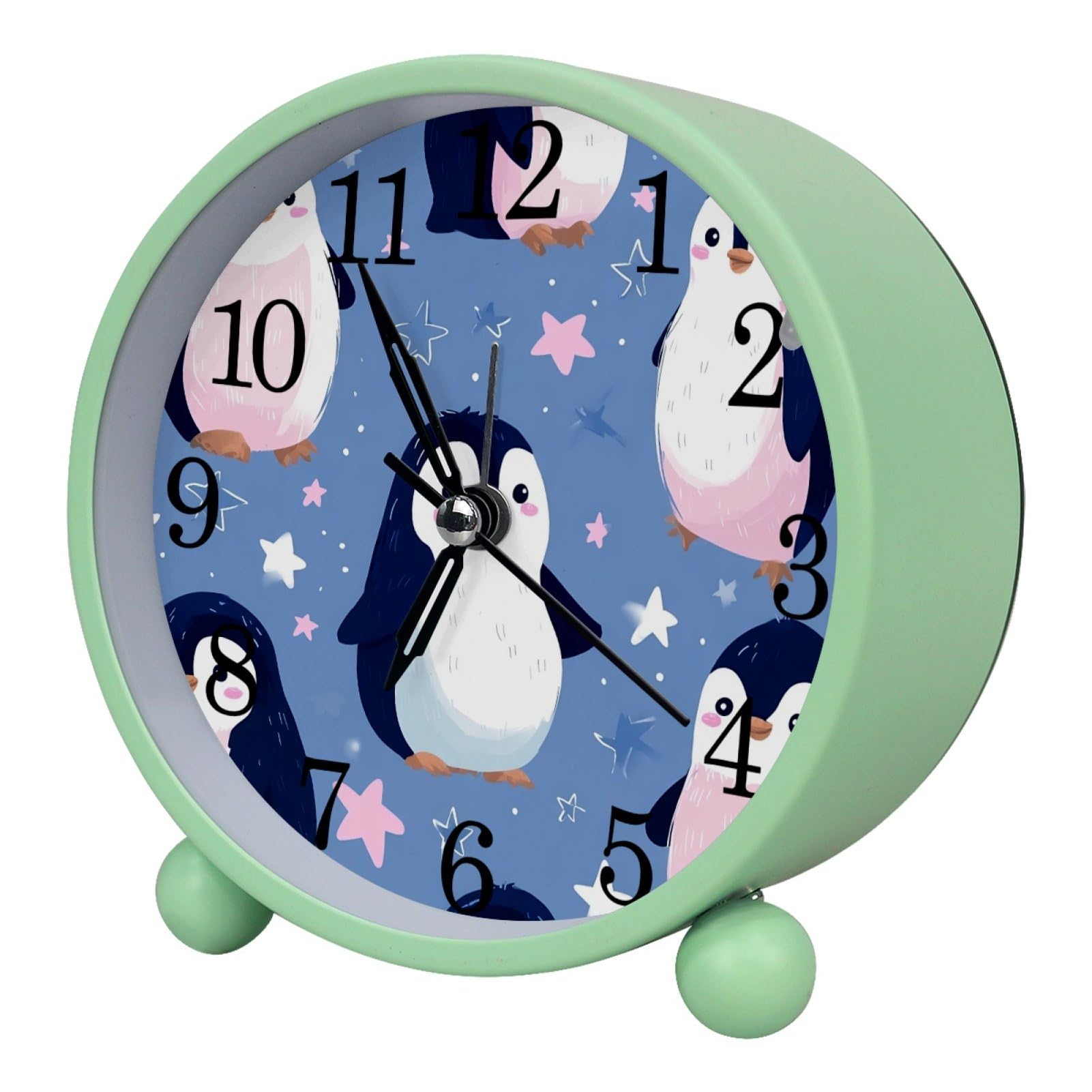 etoenbrc Cute Penguin Silent Analog Alarm Clock Round Battery Operated Bedside Alarm Clock Plastic Table Clock for Living Room Bedroom