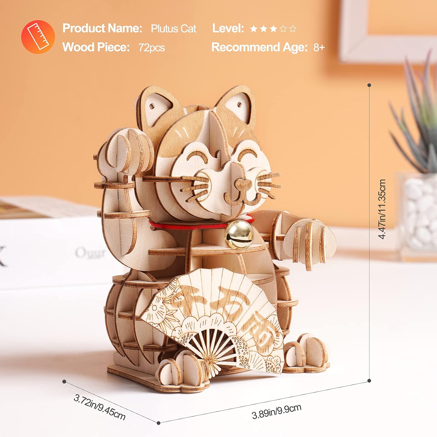 Rolife 3D Wooden Puzzles Lucky Cat DIY Wood Craft Model Kit Gift for Teens&Adult to Build