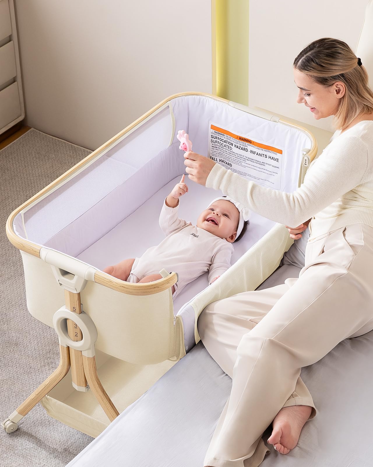 Larex Baby Bassinet Bedside Sleeper Crib Co Sleeper for Newborn Infant Toddler with Mosquito Net, Storage Bag & Basket, 5-Height Adjustable, Movable