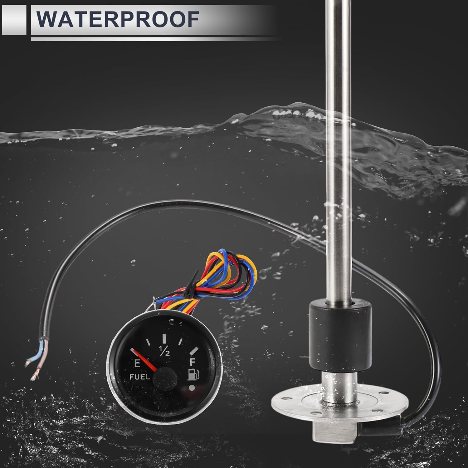 1set Fuel Sending Unit and Gauge Kit 13.78" Length Boat Fuel Sending Unit Marine Fuel Sender Unit Black Silver Tone Metal 0-190 Ohm