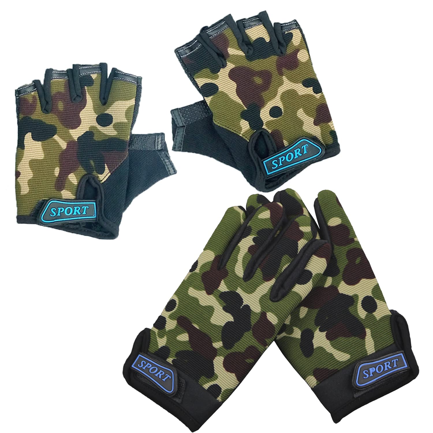2er Set Kinder Tarnung Handschuhe Jungen Kleinkind Fahrradhandschuhe Tarnhandschuhe Camouflage Halbfinger Vollfinger Fäustlinge Radfahren Laufen Sport