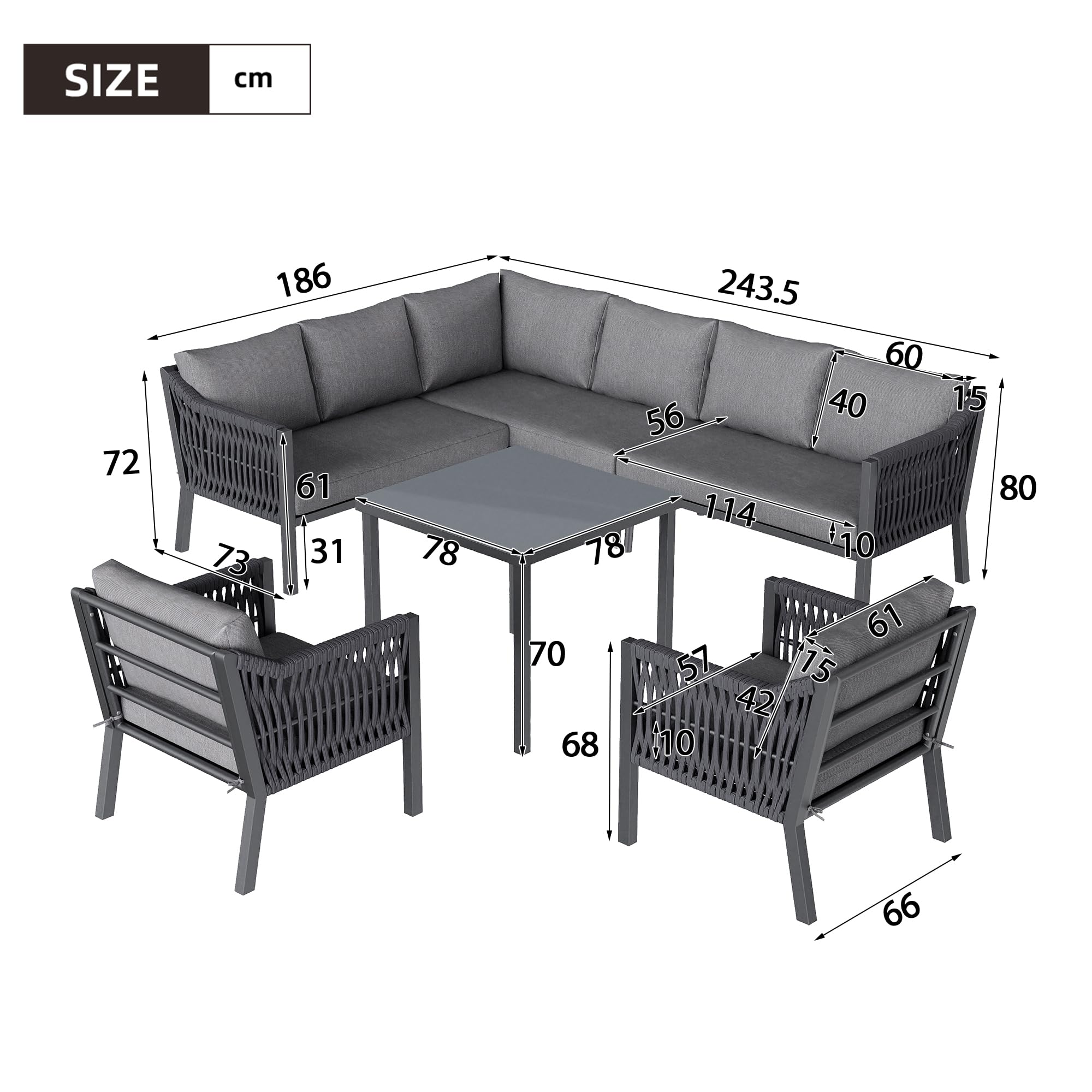 Muebles Jardin Exterior de 7-8 Plazas con 2 Sillones y Mesa, Sofa Terraza Exterior con Cojín Suave, Muebles Terraza Exterior con Reposabrazos Trenzado y Estructura Metálica, Gris