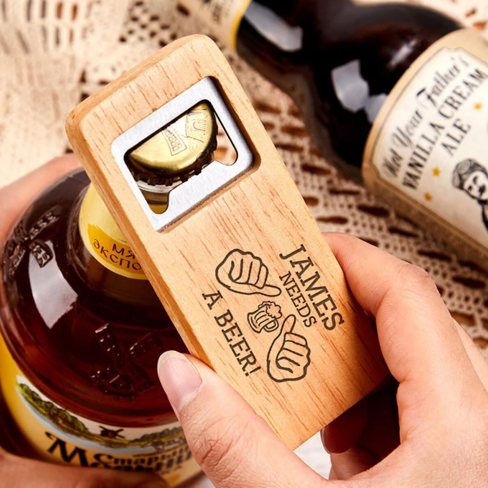 gorm Abrebotellas personalizado, abrebotellas de madera con láser, nombre grabado para el Día del Padre, cumpleaños, Navidad para él (10 unidades)