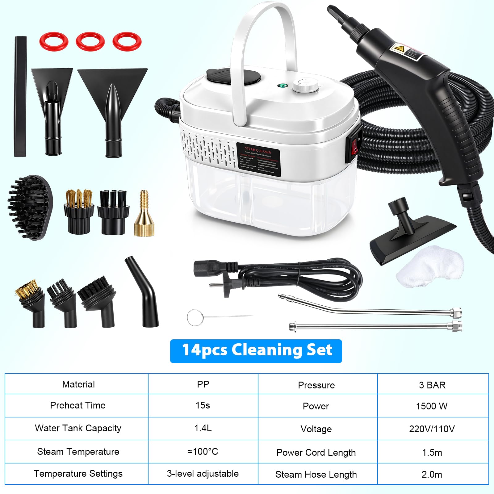 Nettoyeur Vapeur Portatif 1500W, Nettoyage Haut avec 14 Accessoires, 3bar, 15s, 1400ml Steam Cleaner