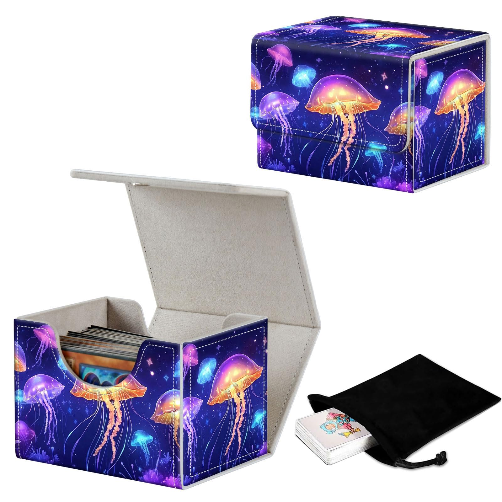 GYSYZJDH Stylish MTG Deck Box for 110+ Cards, Magnetic Commander Deck Case with Bonus Game Card Pouch, Durable Storage for TCG and Sleeved Magic Cards, Colorful Jellyfish