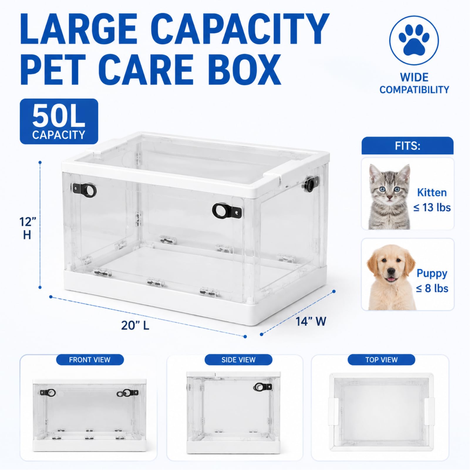 Caja de incubadora para cachorros, sistema de aire plegable para mascotas, sistema de incubación de oxígeno para perros y gatos, con nebulizador, 50 L, se adapta a gatitos de hasta 13 libras,