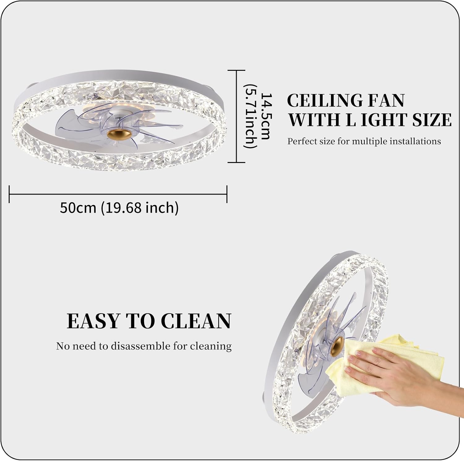Ceiling fan dimensions and easy cleaning illustration