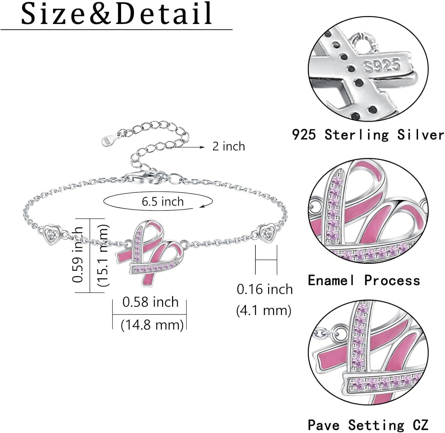 Sterling Silver Breast Cancer Awareness Bracelet Pink Ribbon Bracelet for Women Jewelry Strength Gifts for Cancer Survivors