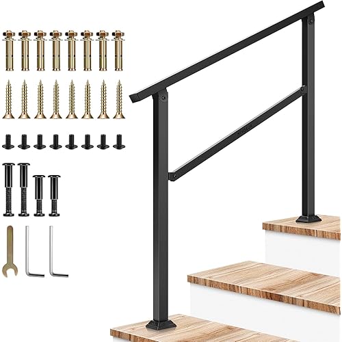 VIVOSUN Outdoor Handrail, 3 Step Stair Handrail, 40" x 36" Fits 1 to 3 Steps, Wrought Mattle Iron Handrail for Concrete Steps, Porch Steps, One-Step Assembly, Black